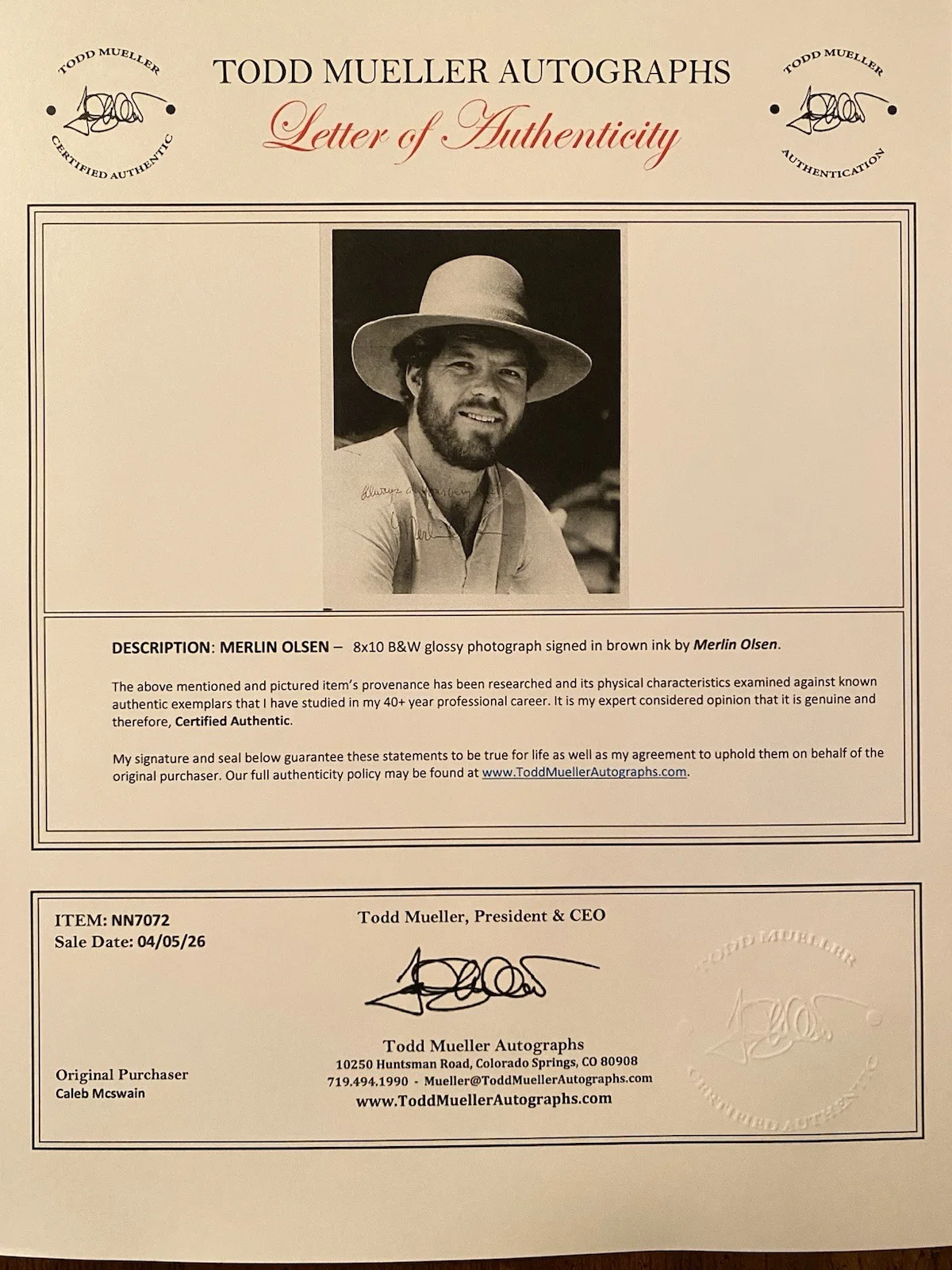 Merlin Oleson — Merlin Olsen Signed Autographed Photo With COA Little House On The Prairie RARE, изображение 5