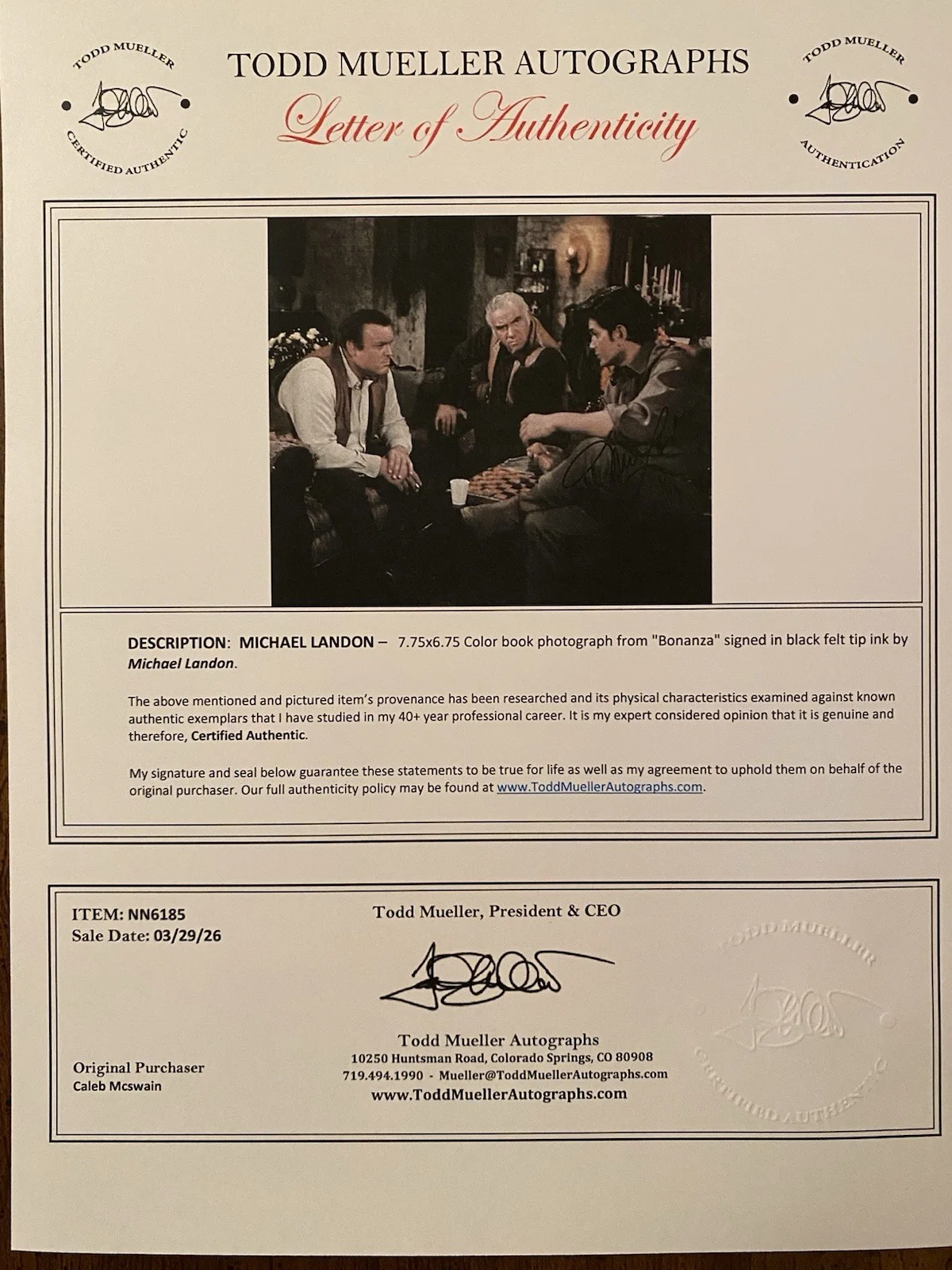 Michael Landon — Michael Landon Signed Autographed Color Photo With COA Bonanza Little Joe, image 4