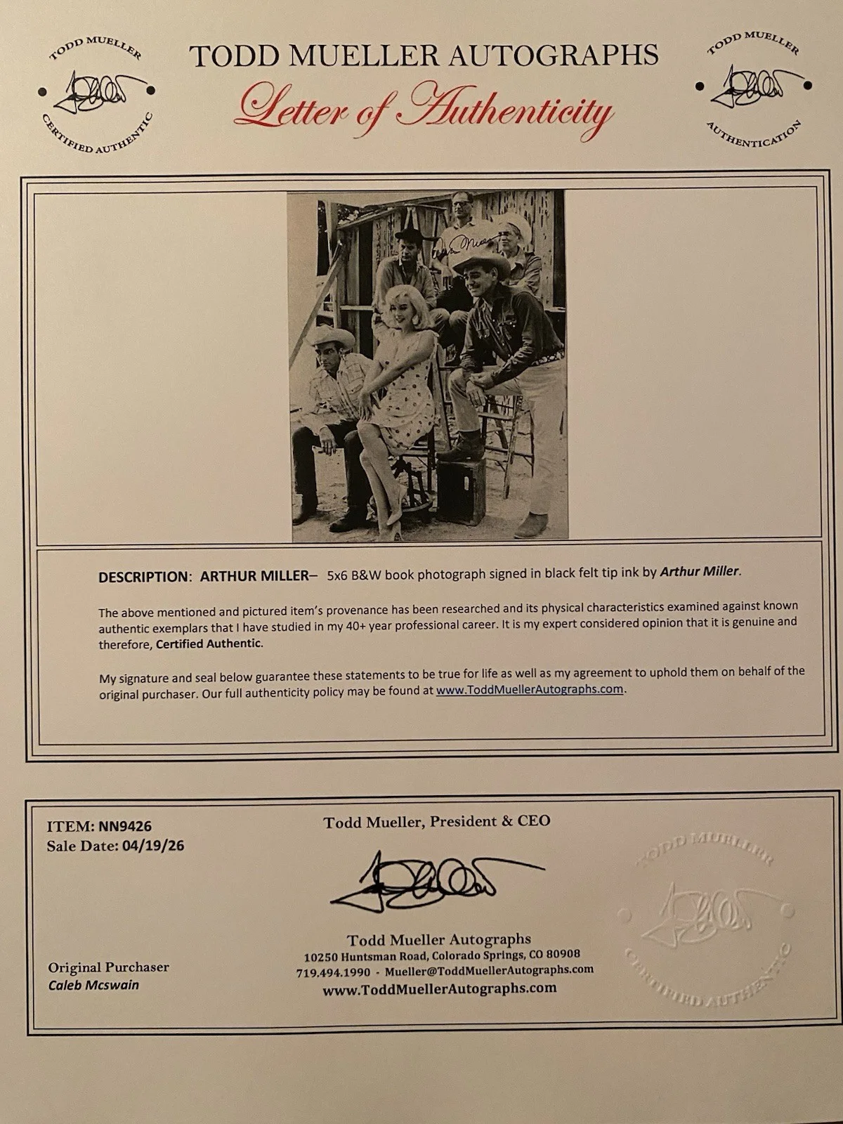 Arthur Miller — Arthur Miller Signed Autographed Photo With COA The Misfits Cast Marilyn Monroe, image 4