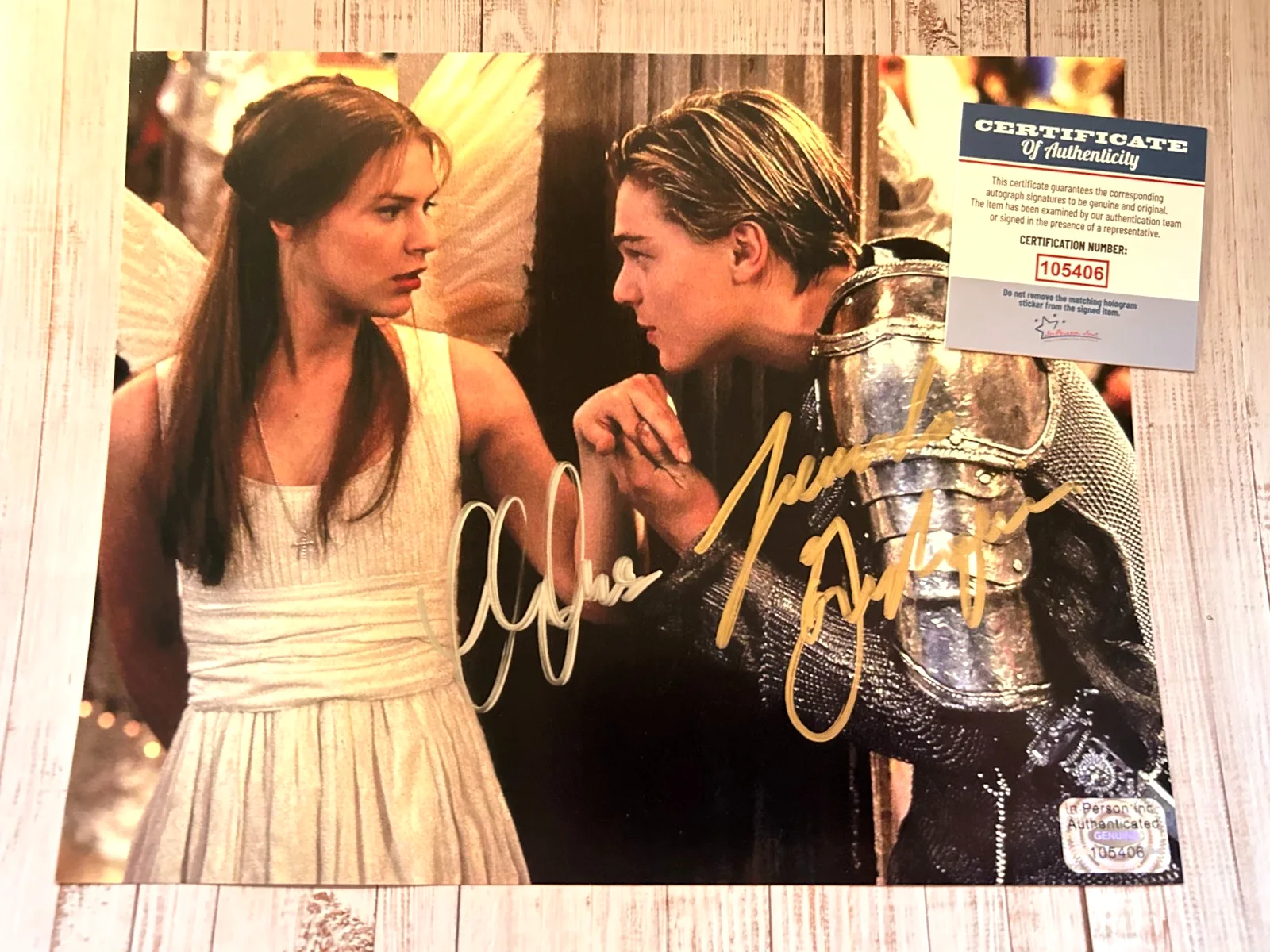 Leonardo DiCaprio, Claire Danes — ROMEO + JULIET (Danes, DiCaprio) Signed 8x10" Authentic Original Autograph w/COA