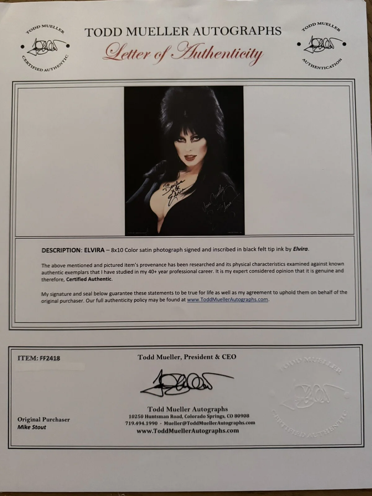 Elvira — Elvira Cassandra Peterson Signed 8x10 Photo Movie Macabre “Yours Cruelly” COA, изображение 3