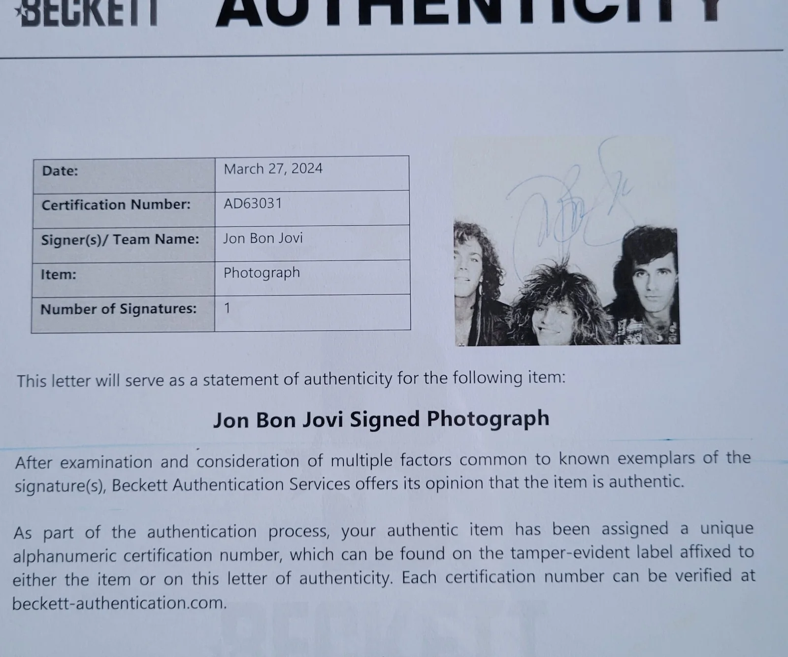 JON BON JOVI BAS BECKETT LOA PHOTO SIGNED AUTOGRAPHED FULL LETTER COA 8X10 RARE, изображение 4