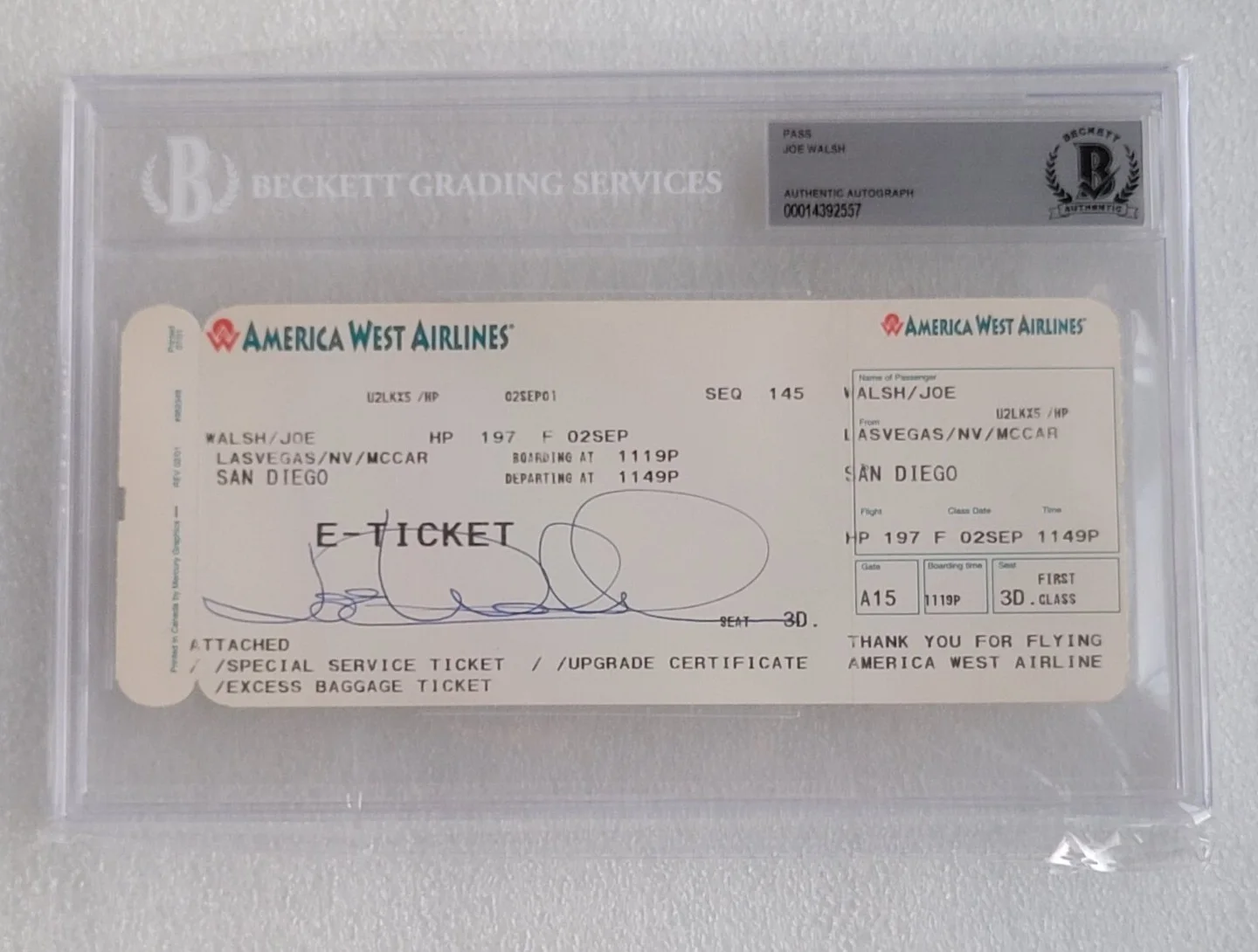 JOE WALSH SIGNED SLABBED BECKETT BAS COA AUTOGRAPHED AIRLINE TICKET THE EAGLES, изображение 2