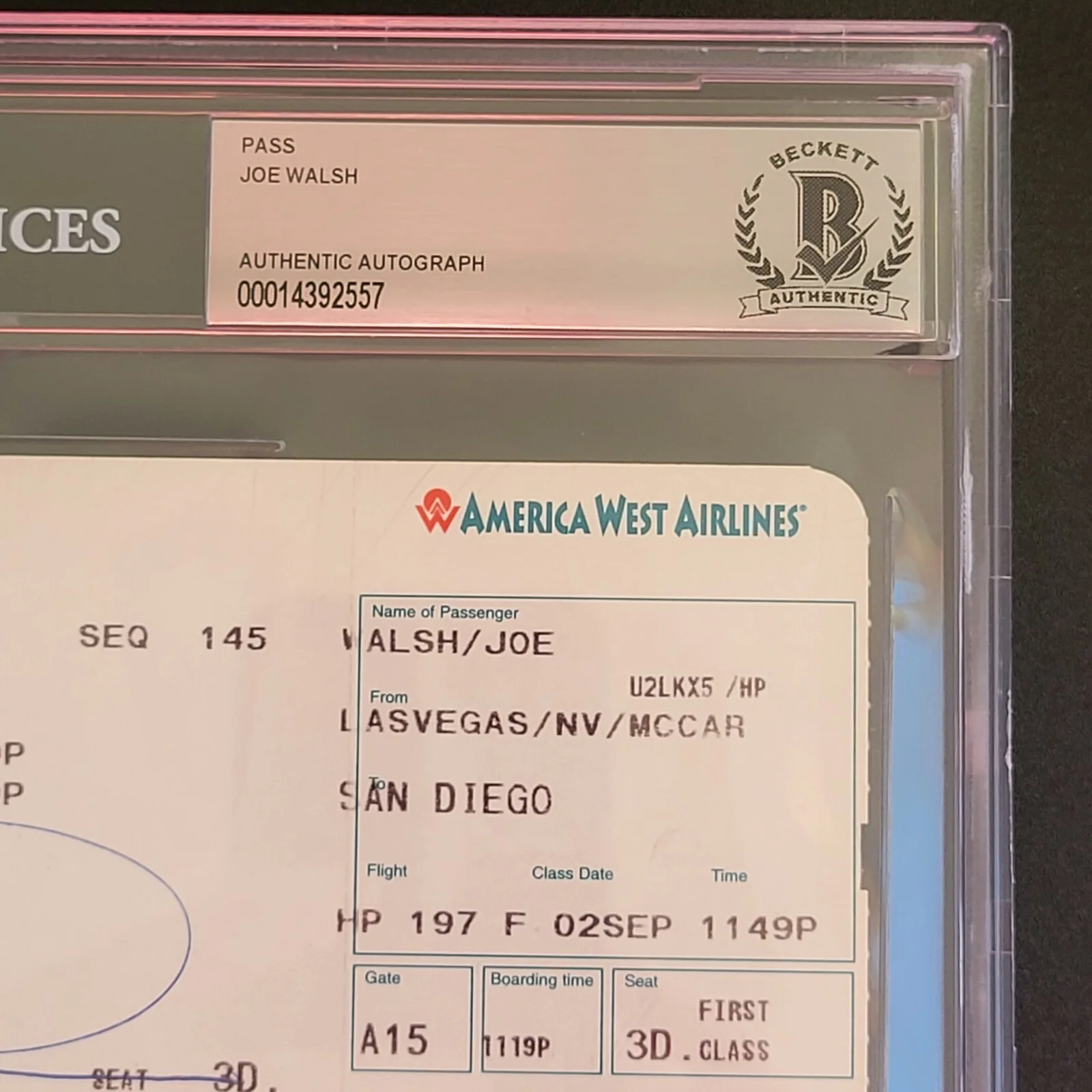 JOE WALSH SIGNED SLABBED BECKETT BAS COA AUTOGRAPHED AIRLINE TICKET THE EAGLES, изображение 3