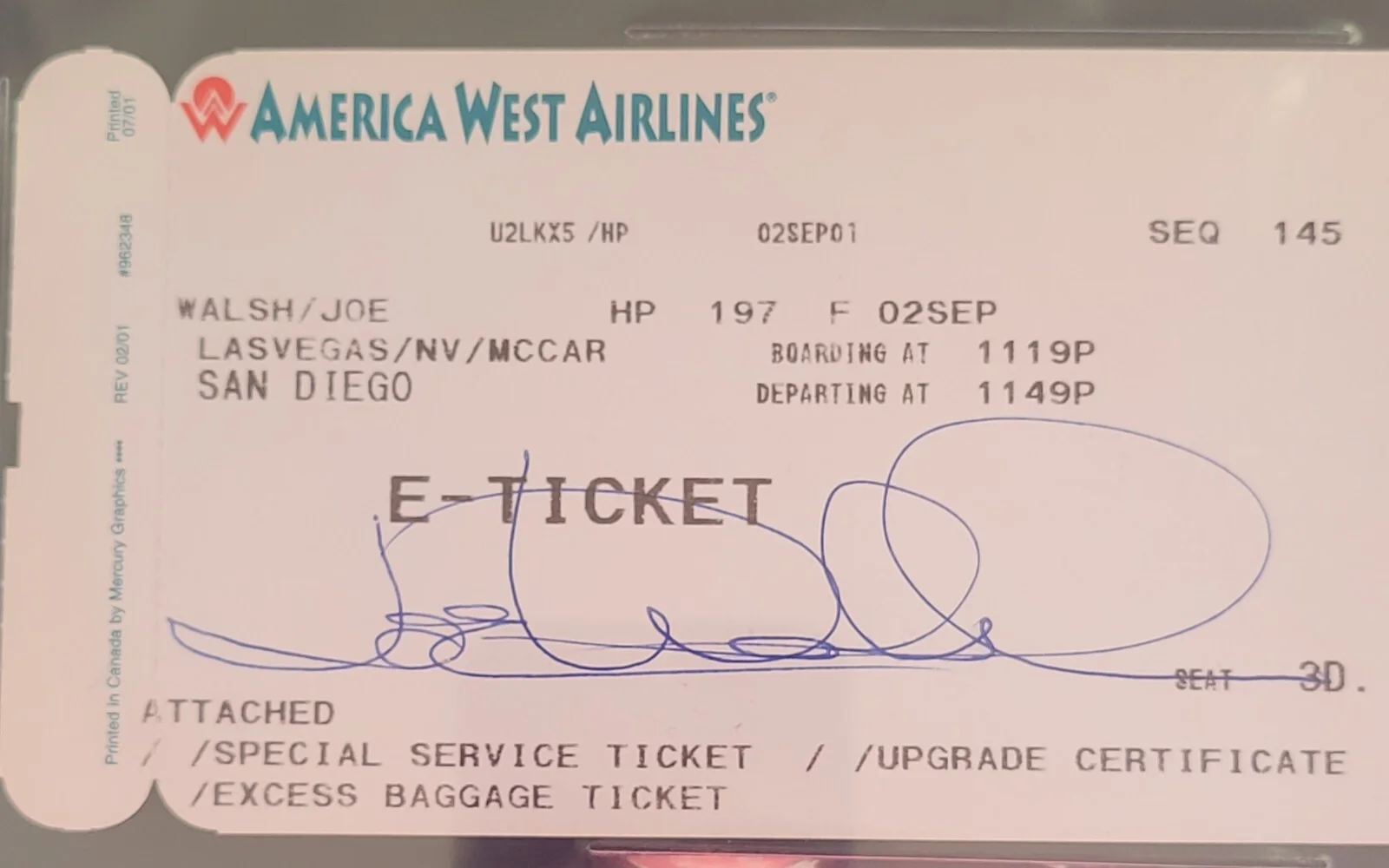JOE WALSH SIGNED SLABBED BECKETT BAS COA AUTOGRAPHED AIRLINE TICKET THE EAGLES, изображение 4