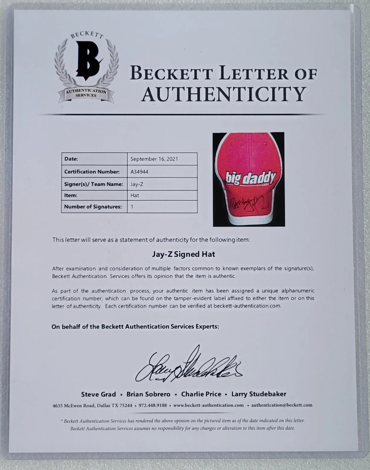 JAY-Z SIGNED HAT BECKETT LOA BAS COA AUTOGRAPHED FULL LETTER RAPPER RAP PRESENT, image 3