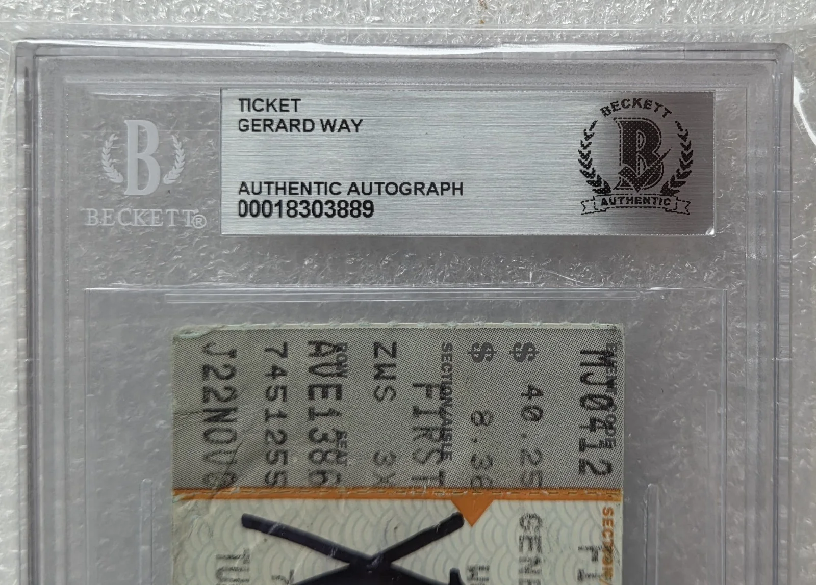 GERARD WAY SIGNED TICKET BECKETT BAS COA AUTOGRAPHED SLABBED MY CHEMICAL ROMANCE, image 2
