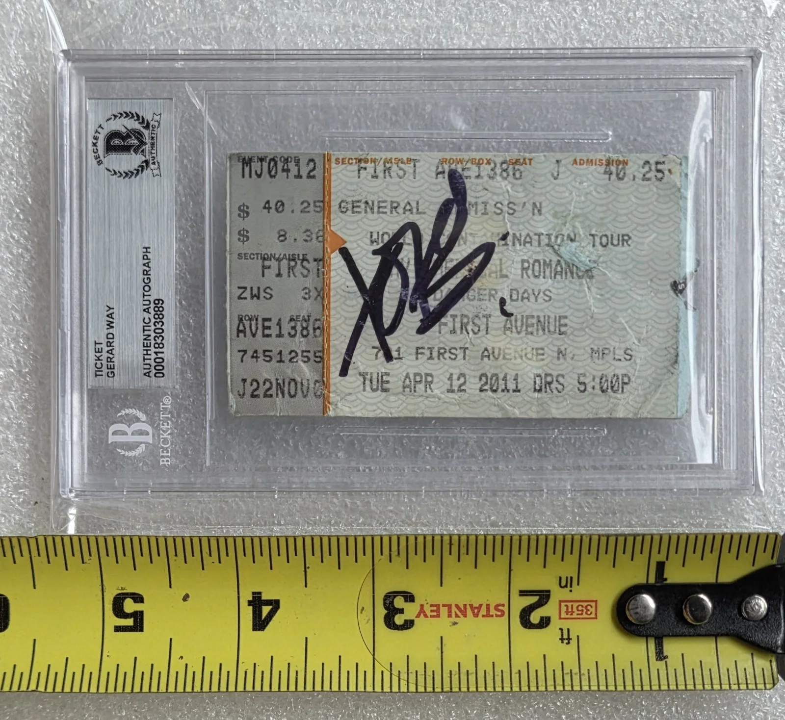 GERARD WAY SIGNED TICKET BECKETT BAS COA AUTOGRAPHED SLABBED MY CHEMICAL ROMANCE, image 3
