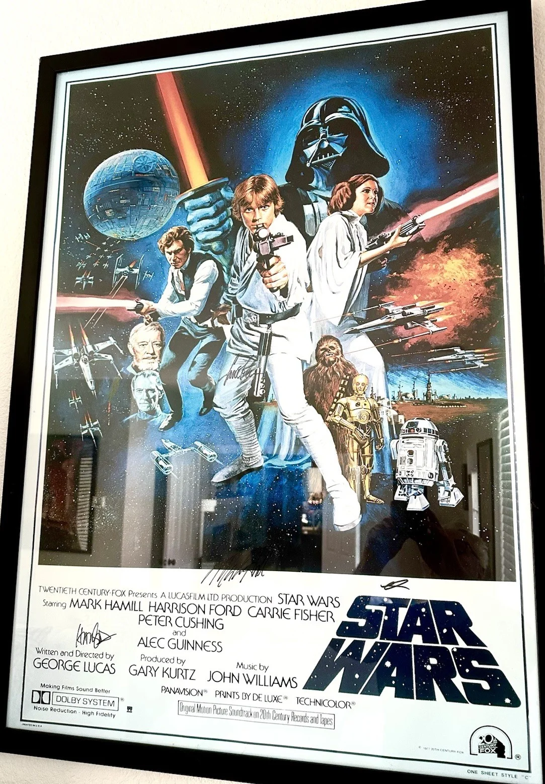 Mark Hamil, Carrie Fisher, George Lucas And Harrison Ford — Star Wars Original 1977 Poster Signed by Lucas, Hamill, Fisher, Ford Framed Rare