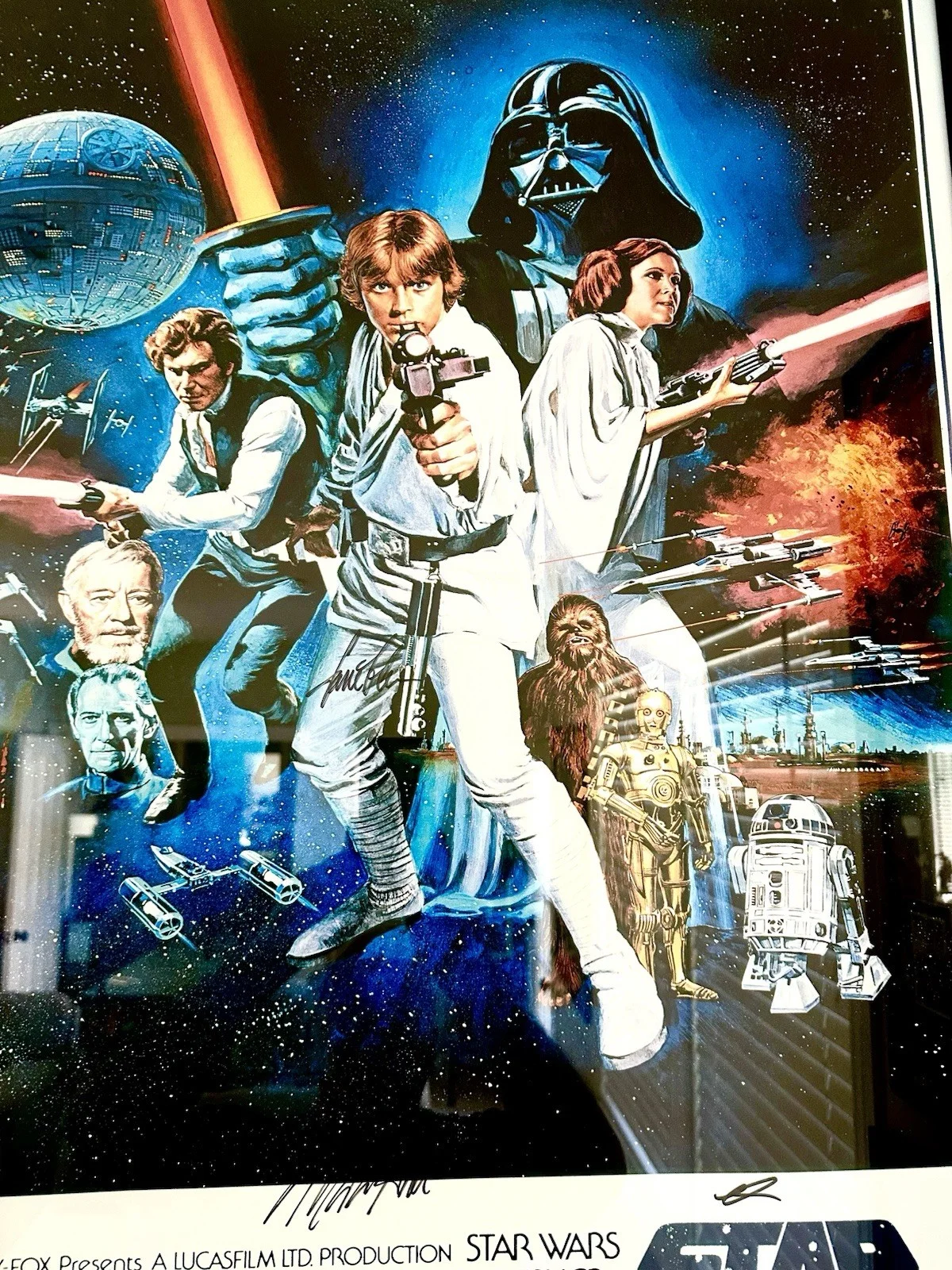 Mark Hamil, Carrie Fisher, George Lucas, Harrison Ford — Star Wars Original 1977 Poster Signed by Lucas, Hamill, Fisher, Ford Framed Rare, изображение 4