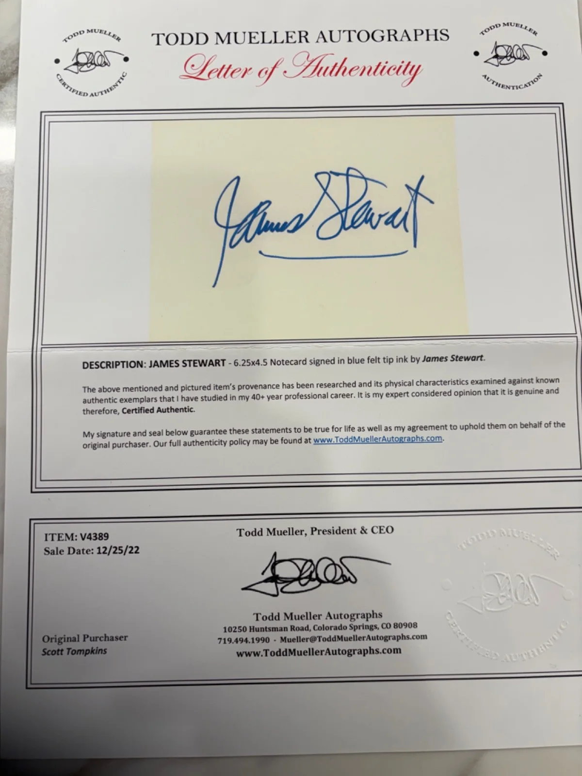 Jimmy stewart — Jimmy Stewart signed 6.25x4.5 Notecard, It's A Wonderful Life, photo included, изображение 2