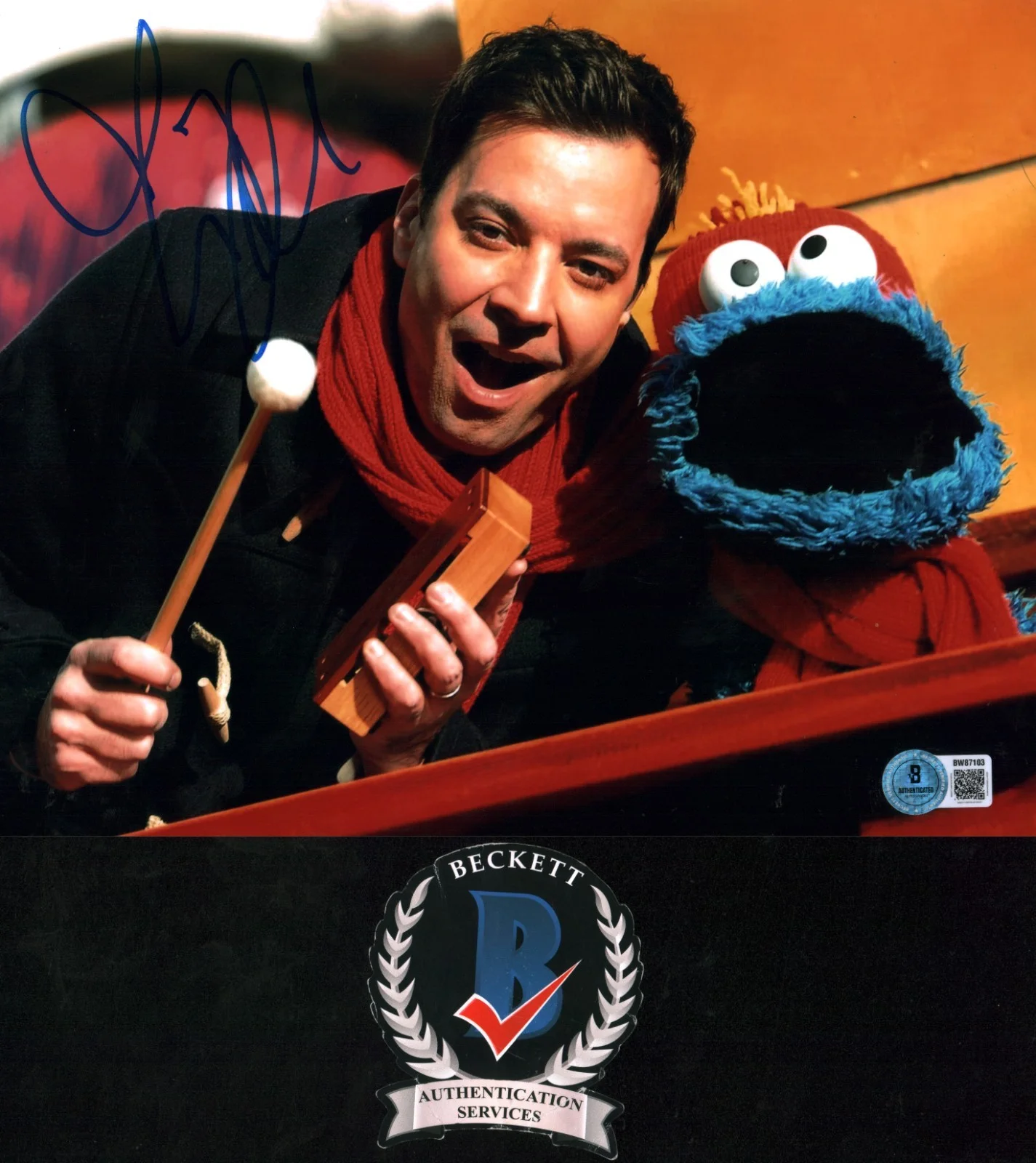 jimmy fallon — Jimmy Fallon Signed Late Night Host Cookie Monster Sesame St 8x10 Photo BAS COA