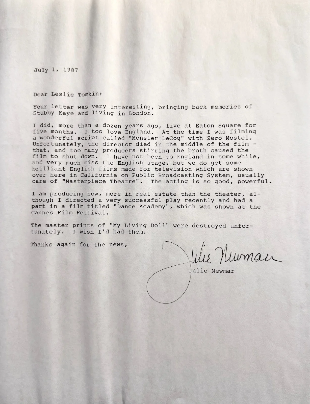 Julie Newmar — JULIE NEWMAR Autograph Signed Fan Letter 7/1/1987 Great Content Catwoman Batman