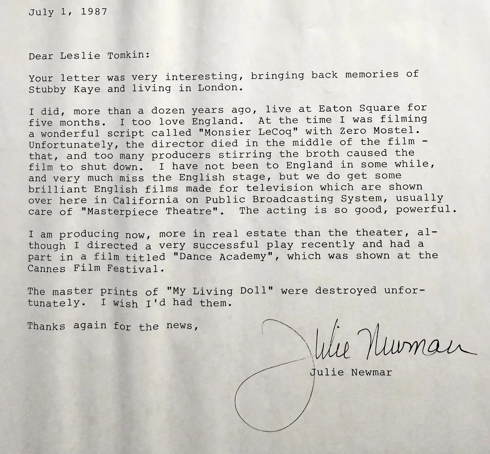 Julie Newmar — JULIE NEWMAR Autograph Signed Fan Letter 7/1/1987 Great Content Catwoman Batman, image 3
