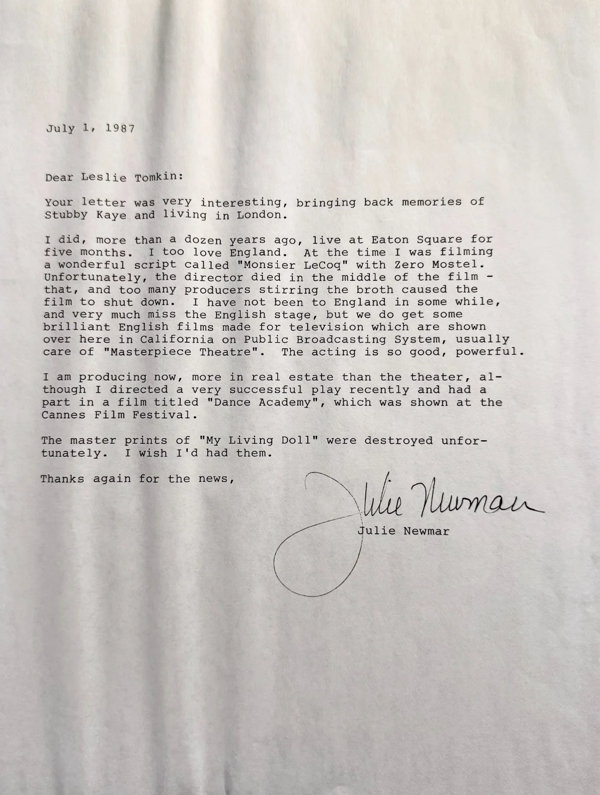 Julie Newmar — JULIE NEWMAR Autograph Signed Fan Letter 7/1/1987 Great Content Catwoman Batman, image 4