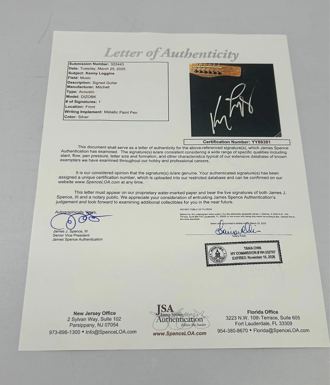 Kenny Loggins signed Acoustic Guitar JSA Certificate LOA COA, image 3