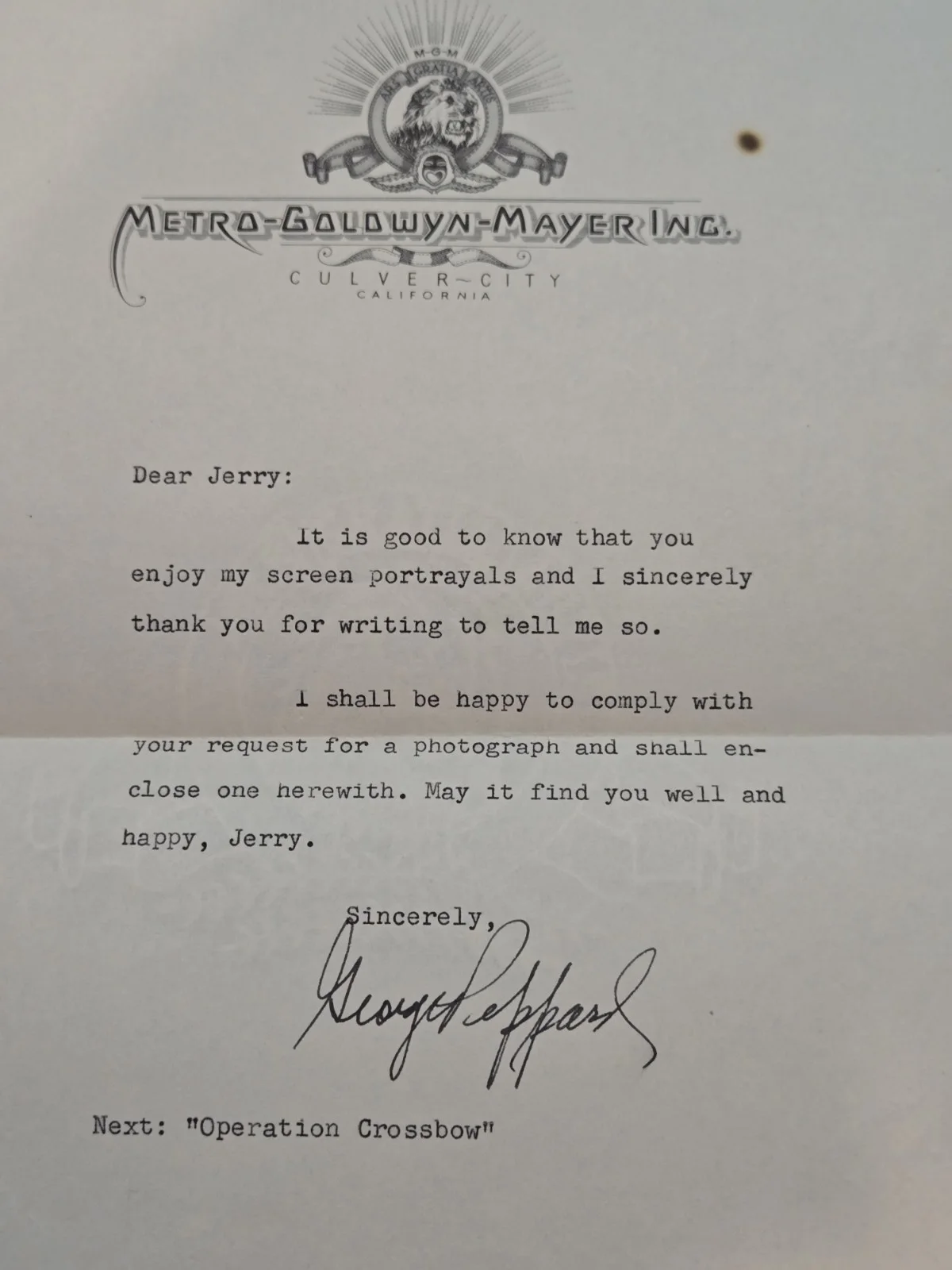 George Peppard — Vintage 1964 George Peppard Signed Letter & Photo "Operation Crossbow", image 3