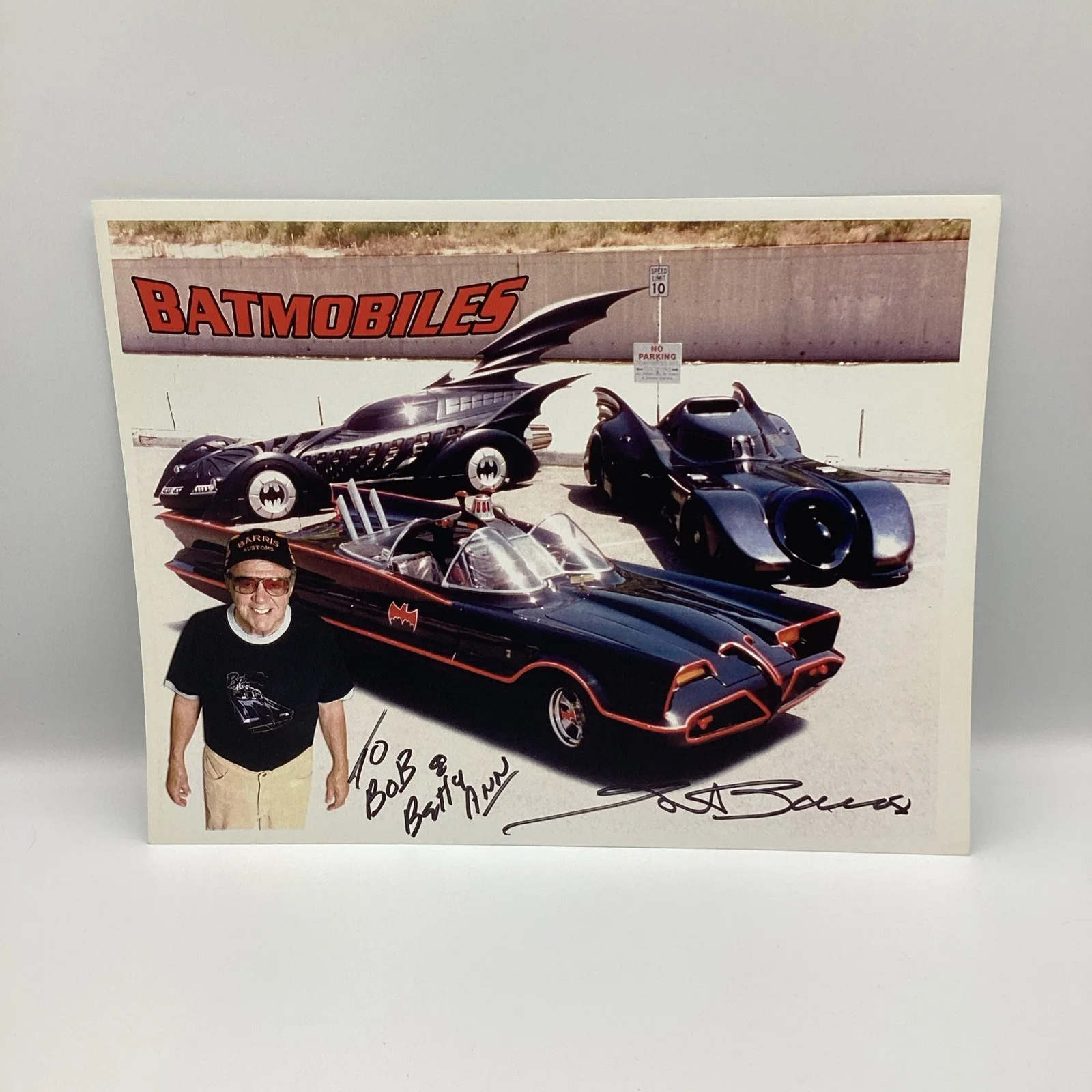 George Barris — GEORGE BARRIS WITH BATMOBILES AUTOGRAPHED PROMOTIONAL PHOTO