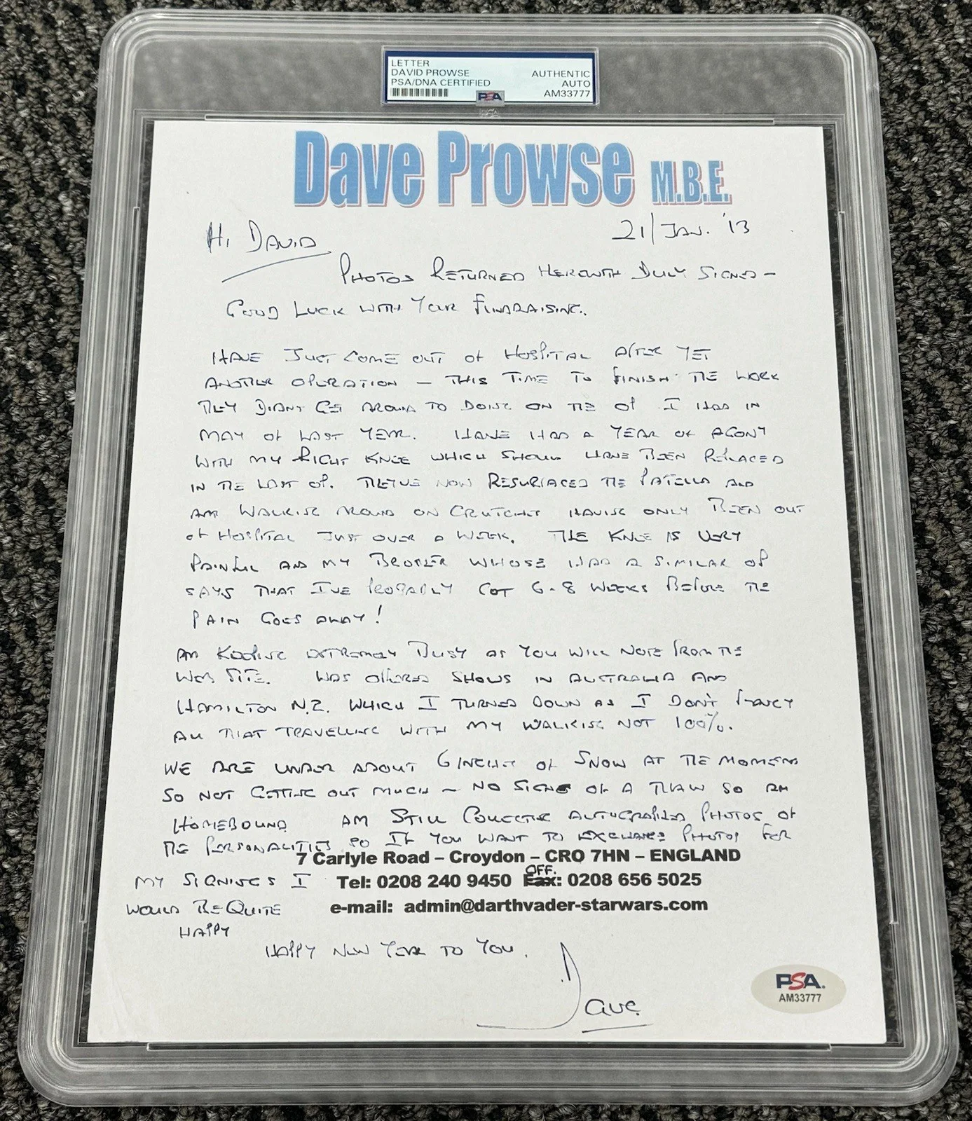 Dave Prowse — Dave Prowse Signed Autograph 8x5x11 Handwritten Letter PSA/DNA Encased Star Wars