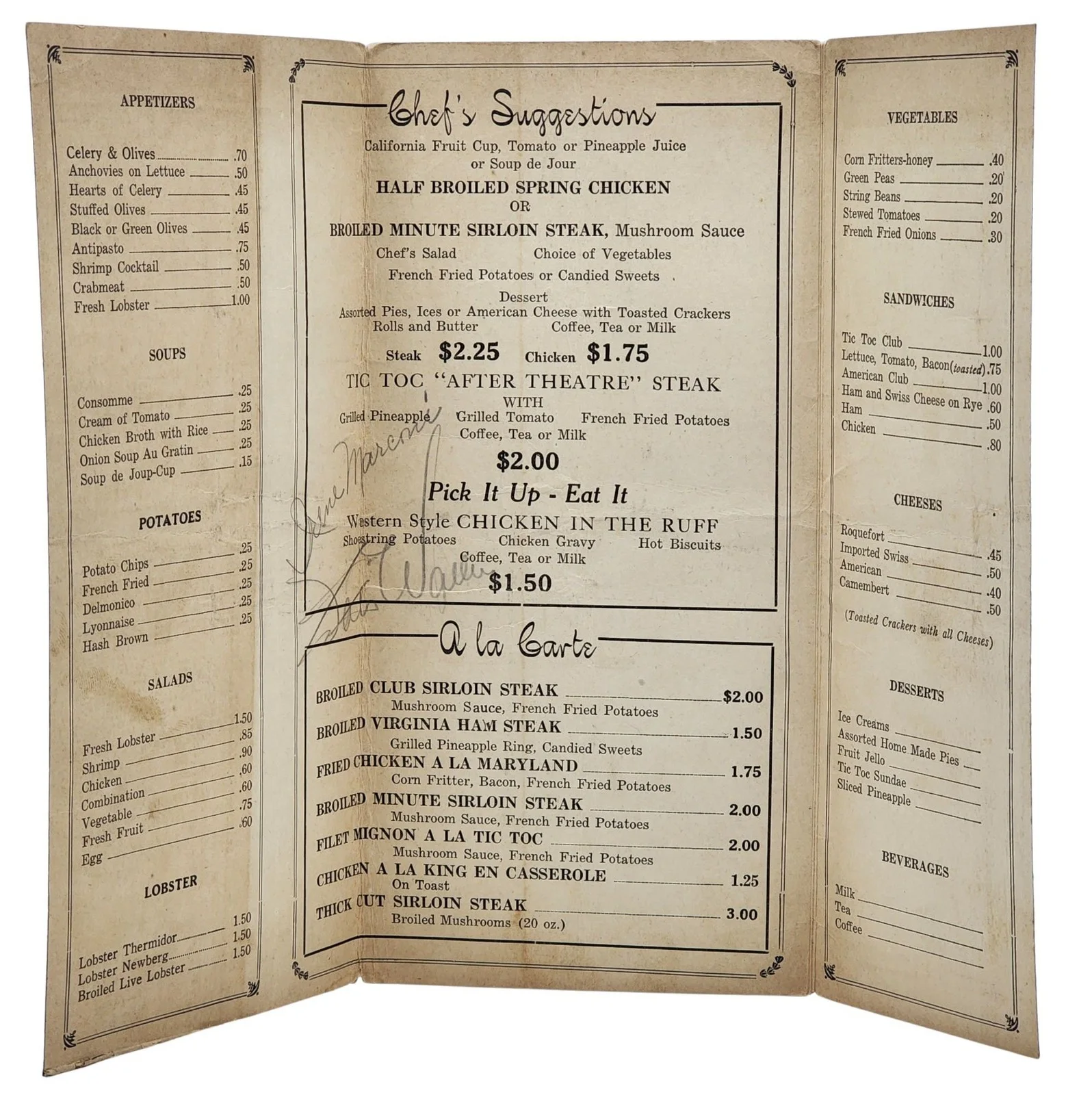 AUTOGRAPH MENU FROM BOSTON "TIC TOC" CLUB Signed by Thomas "Fats" Waller (Jazz), image 3