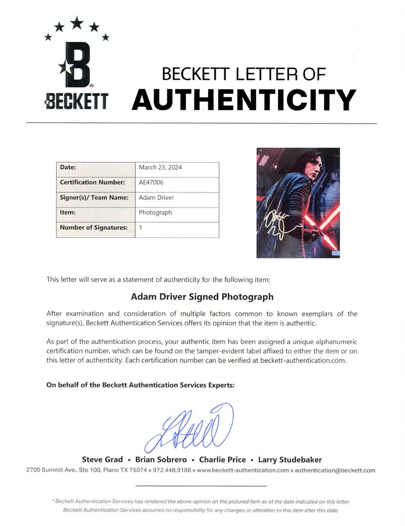 ADAM DRIVER SIGNED AUTOGRAPHED 8x10 PHOTO KYLO REN STAR WARS RARE BECKETT BAS, изображение 2