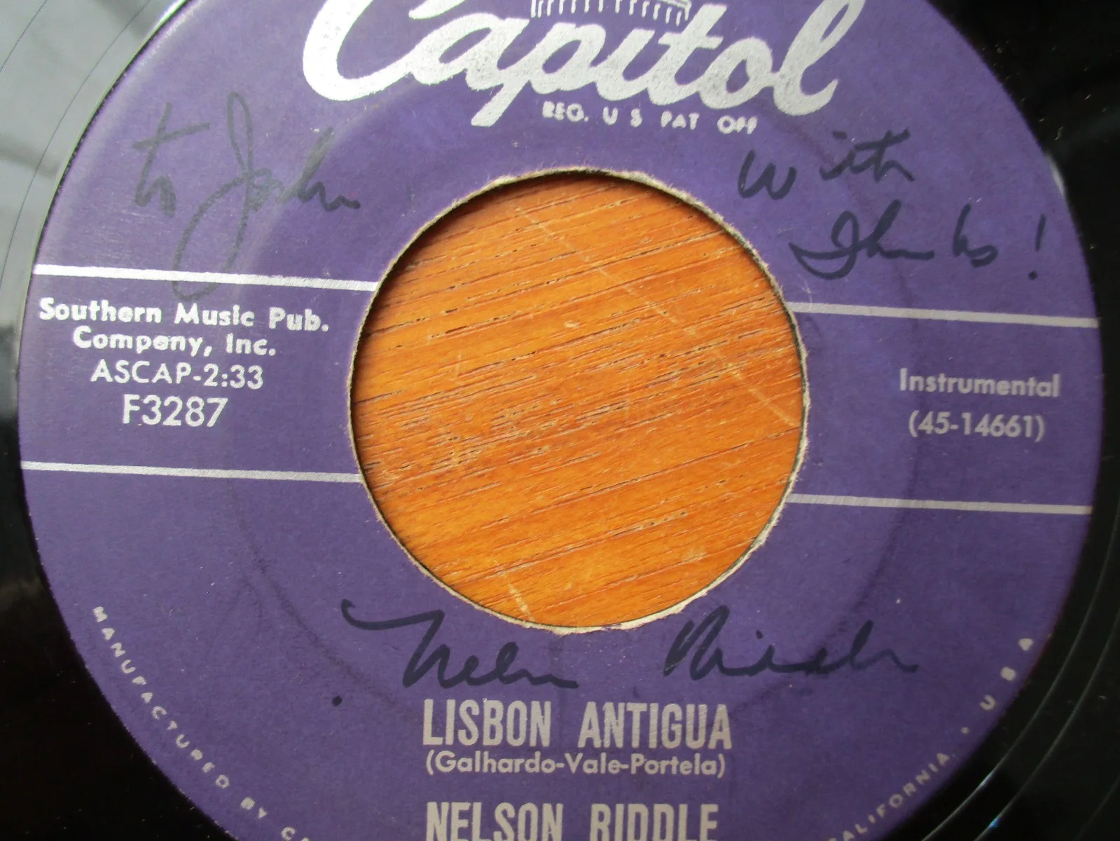 Nelson Riddle Lisbon Antigua F3287 45 Record Signed From John Gilliland Estate, image 3