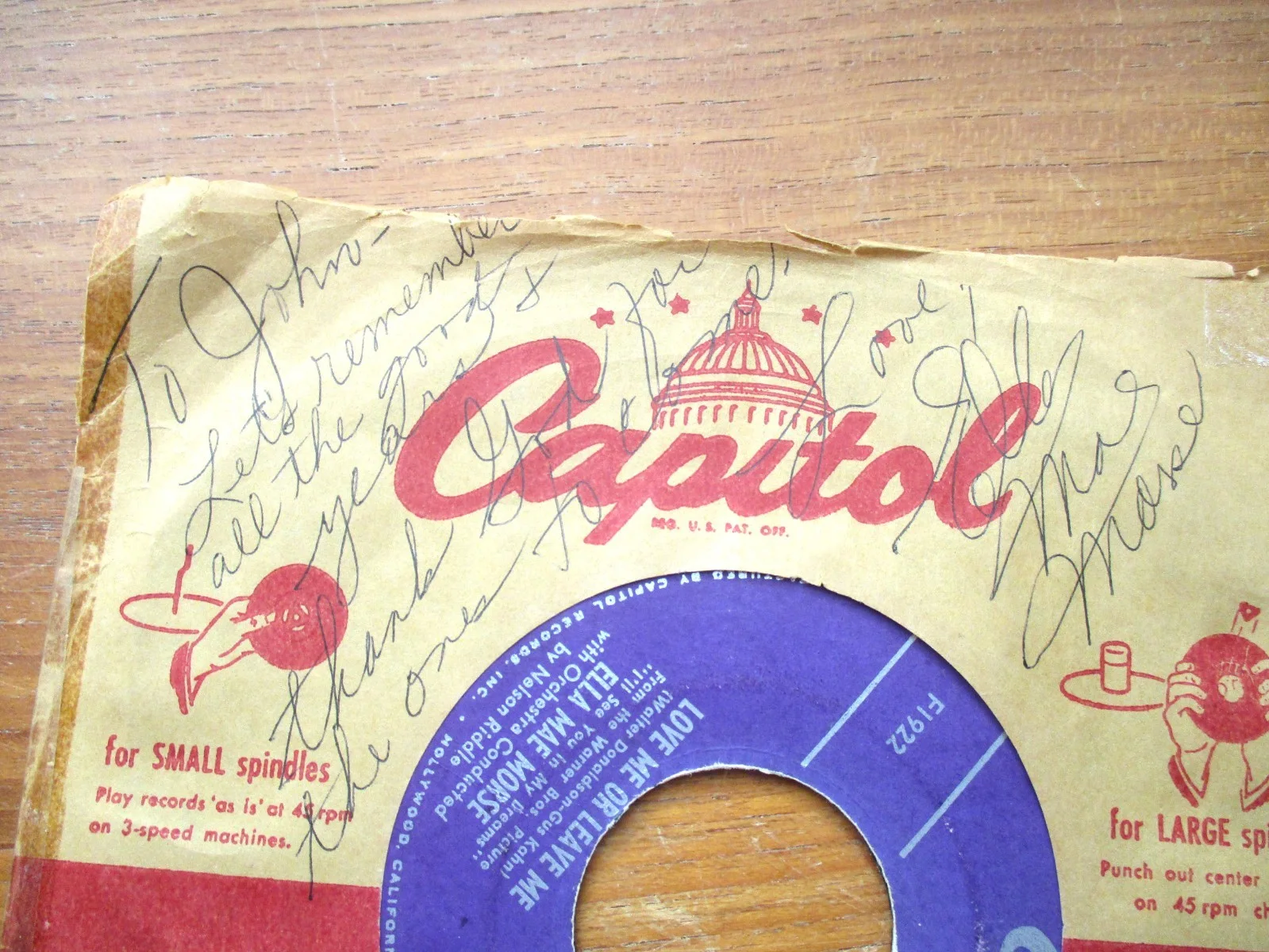 Ella Mae Morse Blacksmith Blues 45 RPM Record signed RARE John Gilliland Estate, image 2