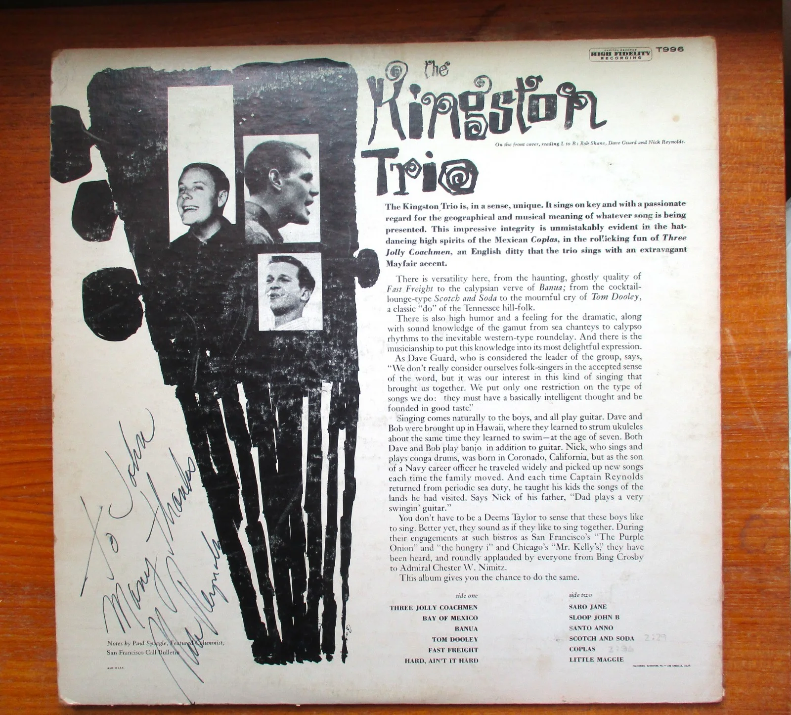 Signed Nick Reynolds Vinyl Record LP Kingston Trio From John Gilliland Estate, image 2