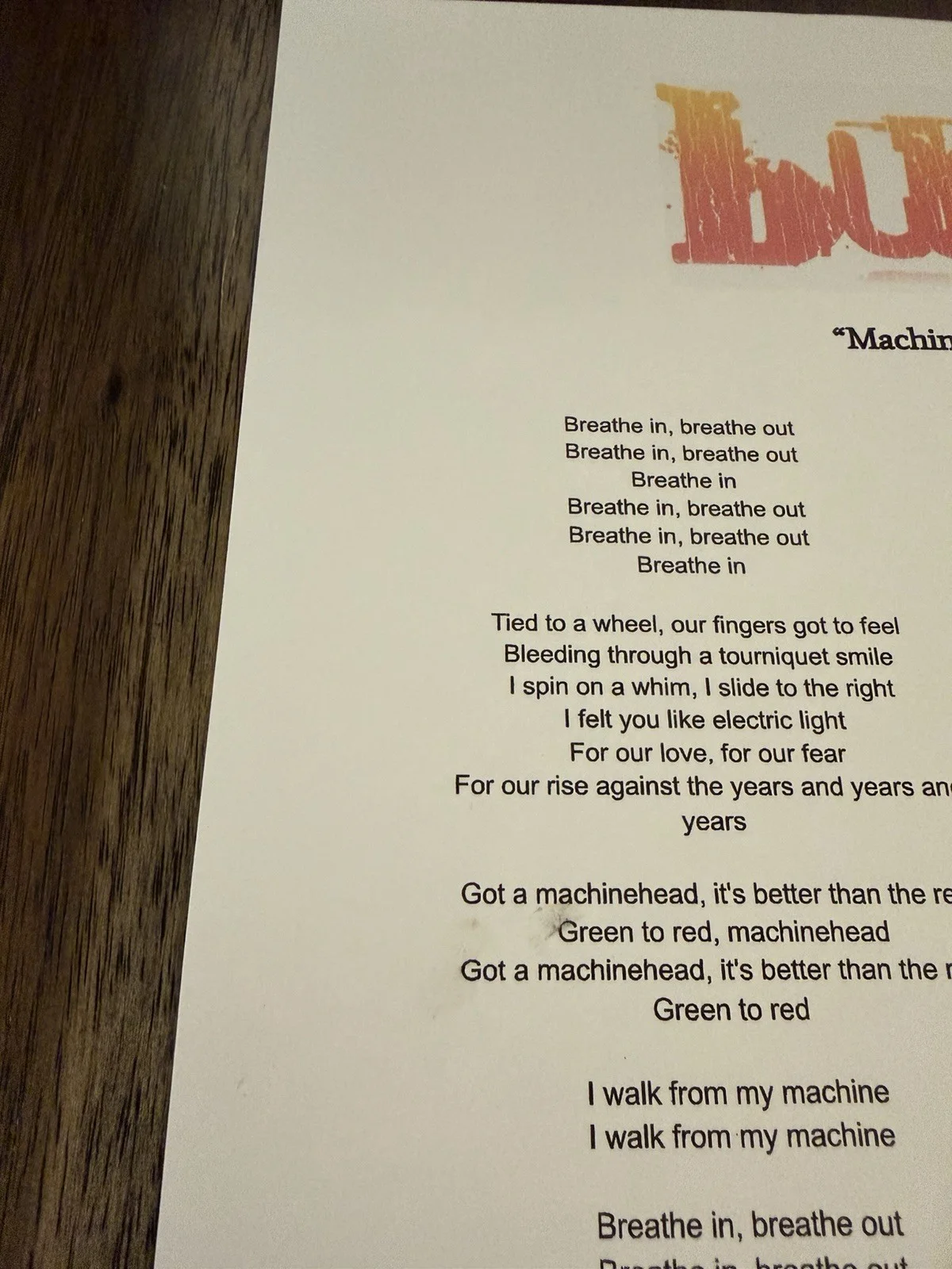 Gavin Rossdale 'Bush' Band Signed Lyric Sheet 'Machinehead' ACOA, image 2