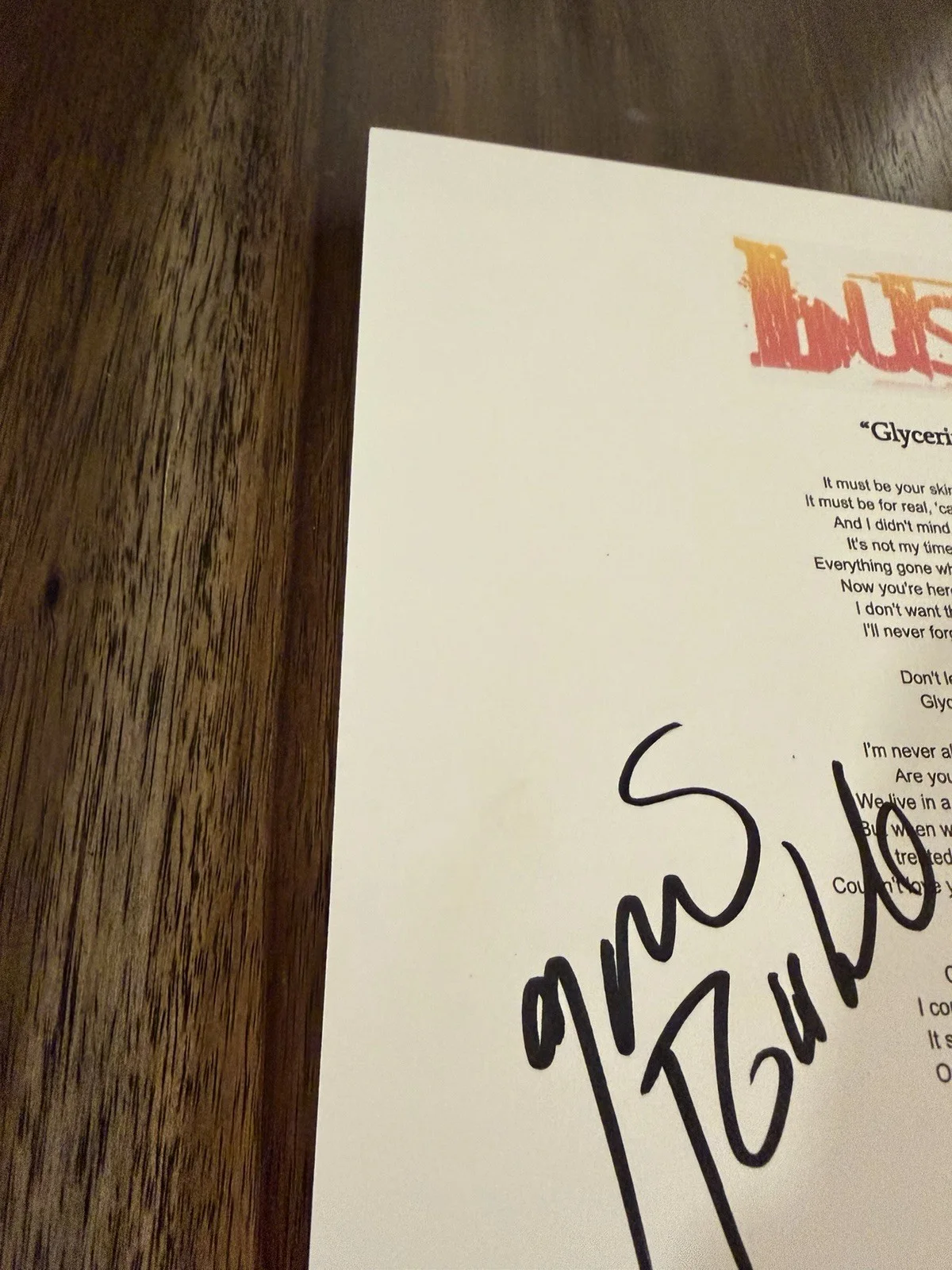Gavin Rossdale 'Bush' Band Signed Lyric Sheet 'Glycerine' ACOA, изображение 2