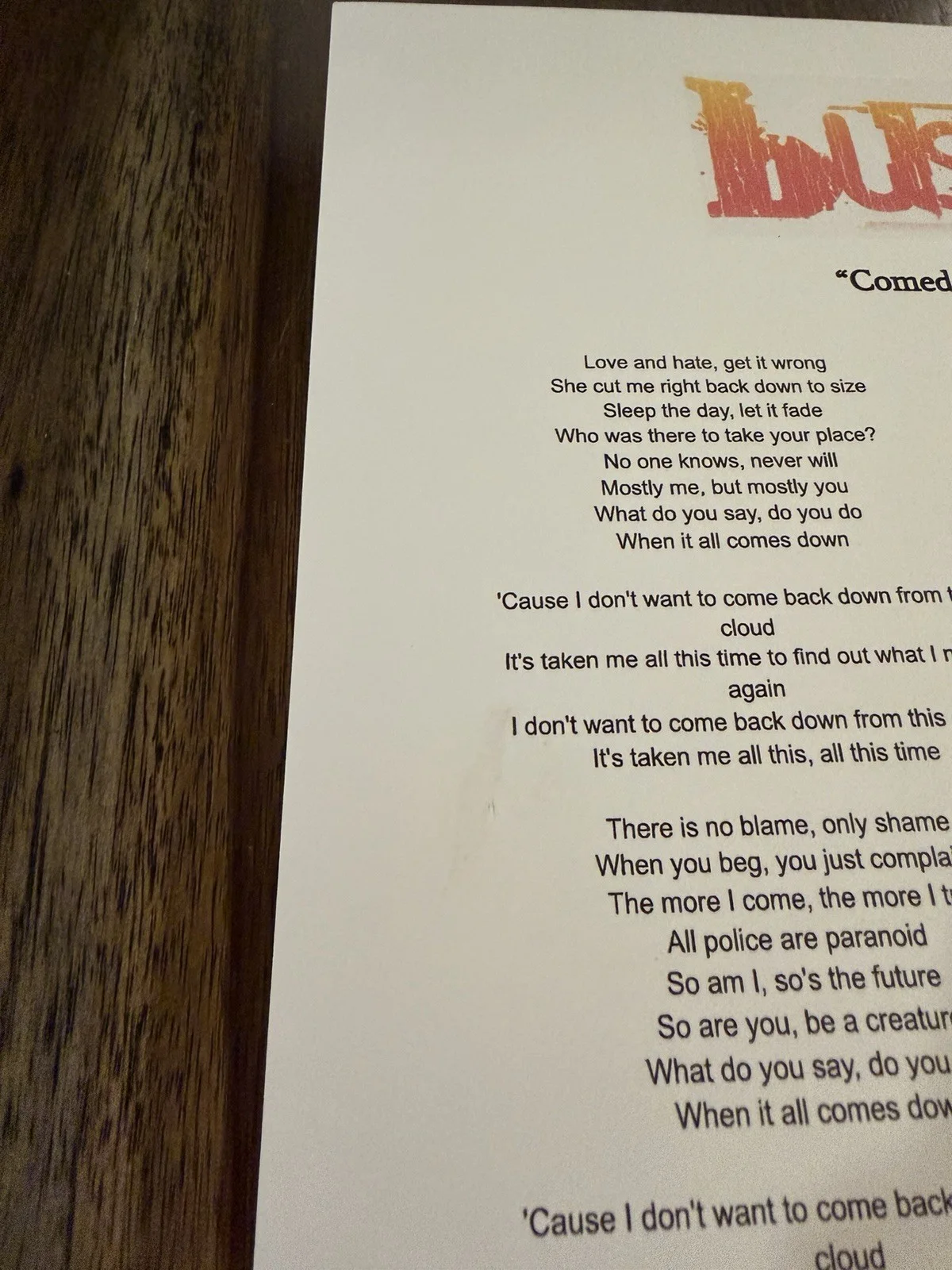 Gavin Rossdale 'Bush' Band Signed Lyric Sheet 'Comedown' ACOA, изображение 2