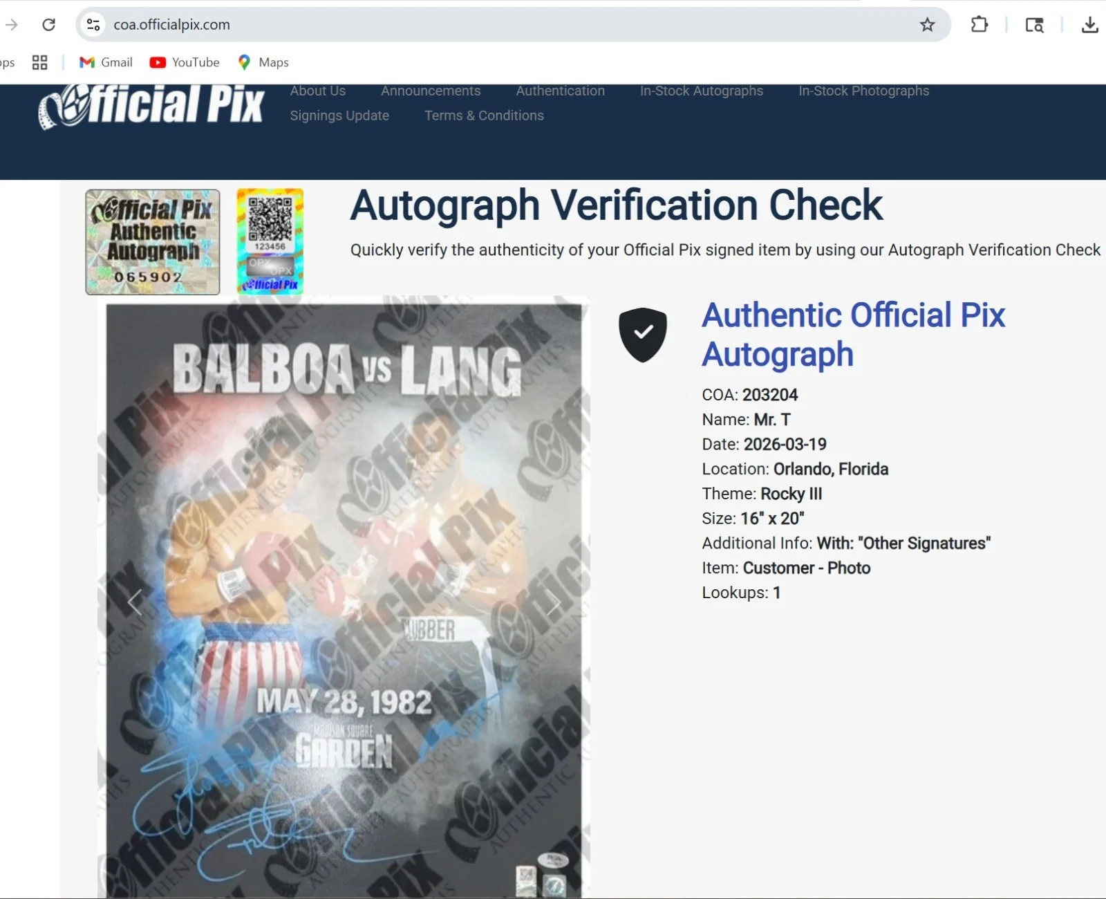 Sylvester Stallone, Mr. T — Rocky III Dual Signed 16x20 Signed Photo Stallone & Mr. T Autograph PSA OPIX COA, изображение 5