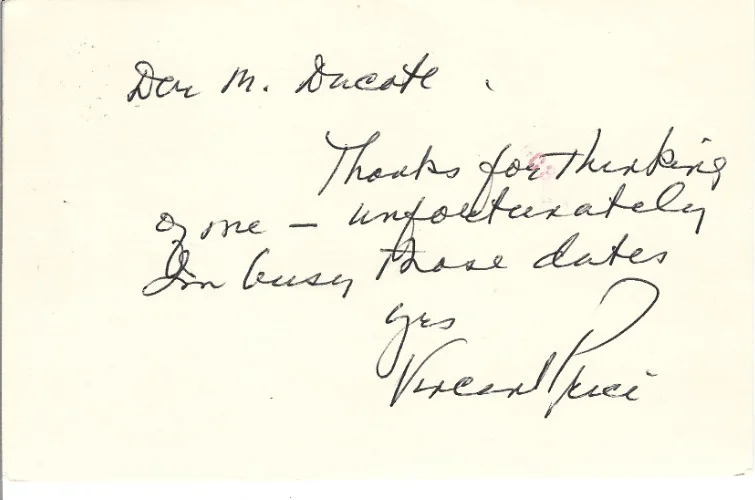 Vincent Price — Vincent Price REAL hand SIGNED 3.5x5.5" Index Postcard JSA COA Autographed 1981