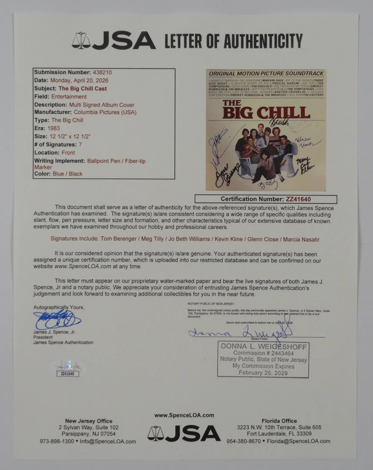 The Big Chill Signed Autograph JSA Album Soundtrack Vinyl Tom Berenger +, изображение 5