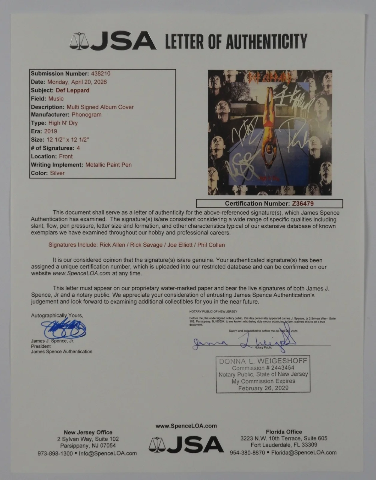 Def Leppard JSA Signed Autograph Album Record Vinyl High N Dry Joe Elliott +, изображение 4