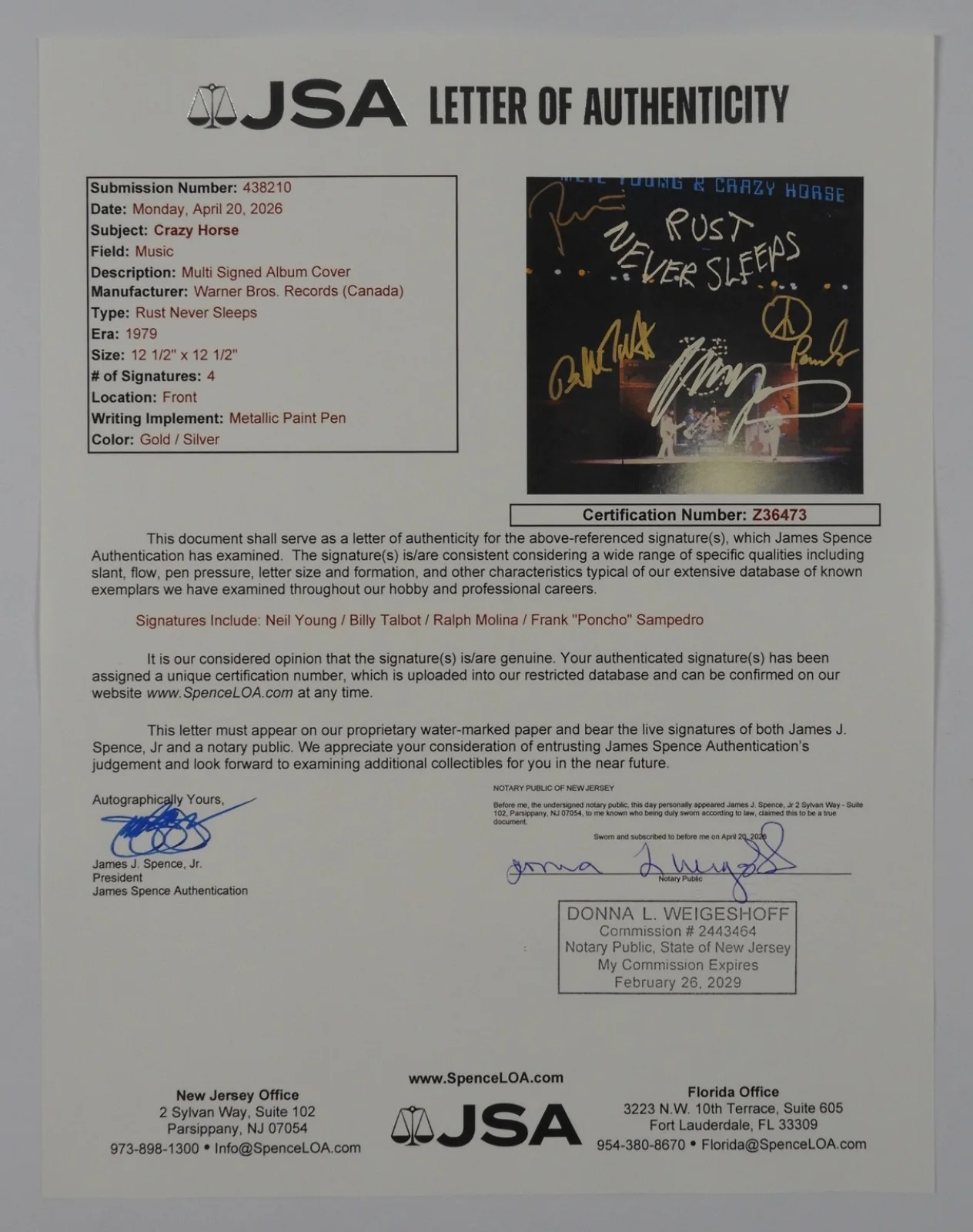 Neil Young & Crazy Horse JSA Signed Autograph Vinyl Record Album 4 signatures, изображение 4