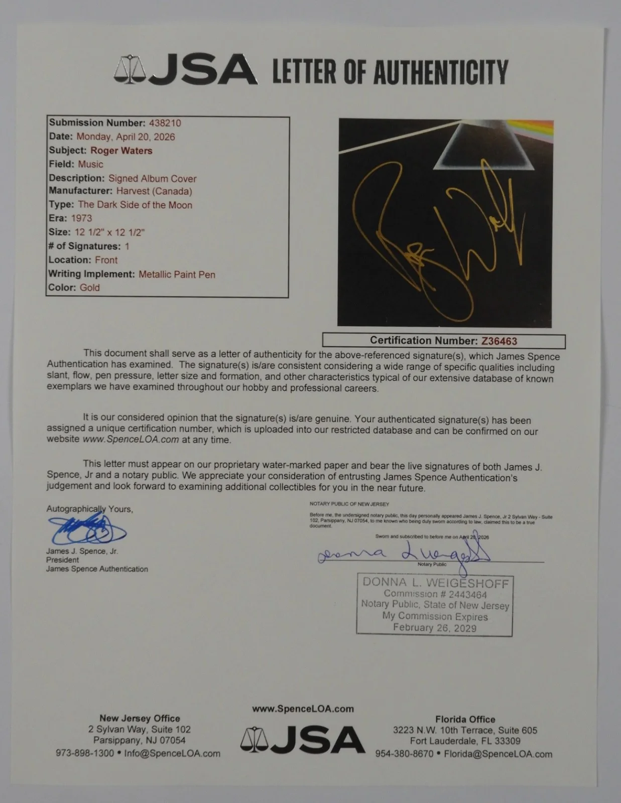 Pink Floyd Roger Waters Dark Side Of The Moon JSA Signed Autograph Record Vinyl, image 4