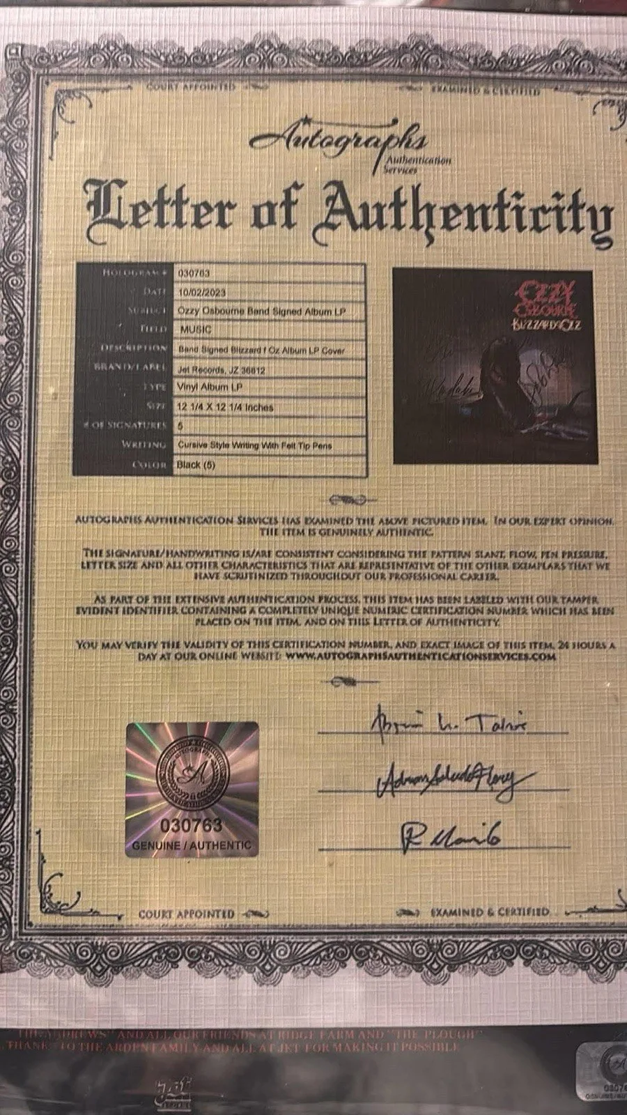 Ozzy Osbourne Blizzard of Ozz Signed LP Vinyl Record Autographs Authentication, изображение 2