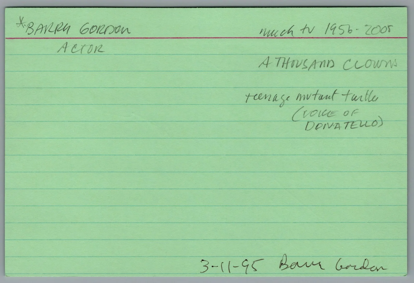 Barry Gordon — Barry Gordon Signed 4x6 Index Card Teenage Mutant Ninja Turtles Autographed, изображение 2