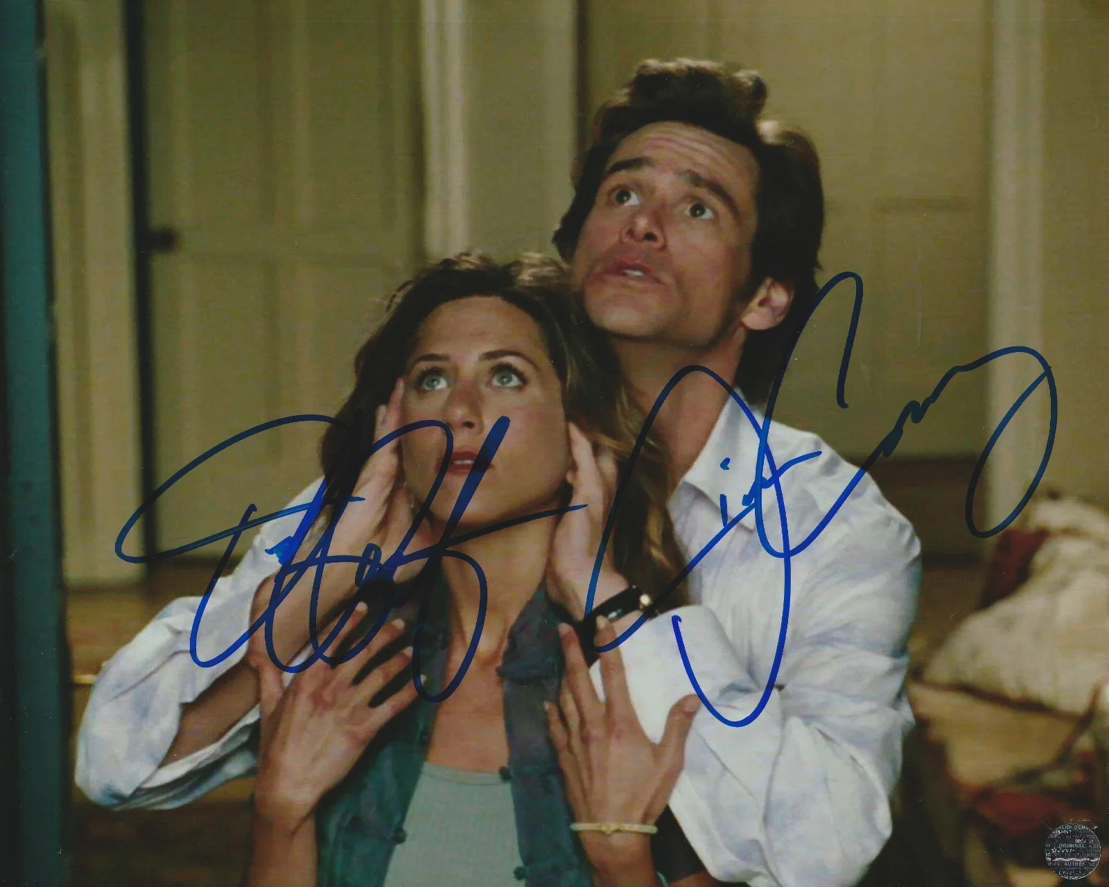 Jim Carrey & Jennifer Aniston — Jim Carrey & Jennifer Aniston Autographed Bruce Almighty 8x10 Photo/COA/Hologram