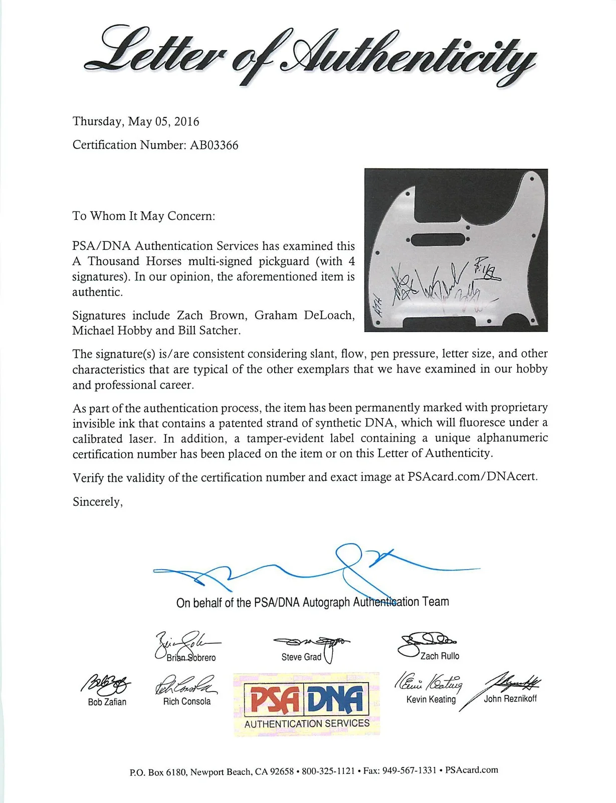 A Thousand Horses — A Thousand Horses (Brown, DeLoach, Hobby & Satcher) Signed Guitar PSA #AB03366, изображение 2