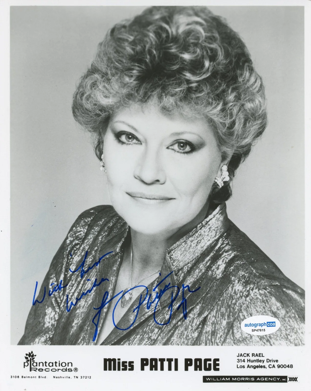 Patti Page — Patti Page "Tennessee Waltz" Singer AUTOGRAPH Signed 8x10 Photo ACOA