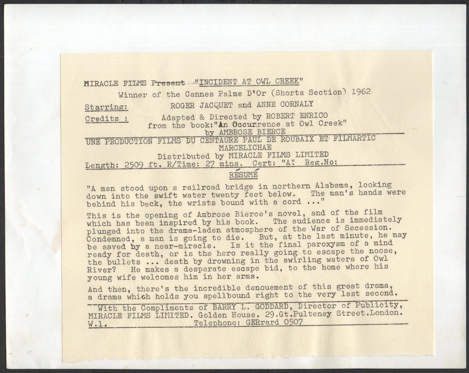 INCIDENT AT OWL CREEK 1961 Robert Enrico Roger Jacquet 10x8 STILL, image 2