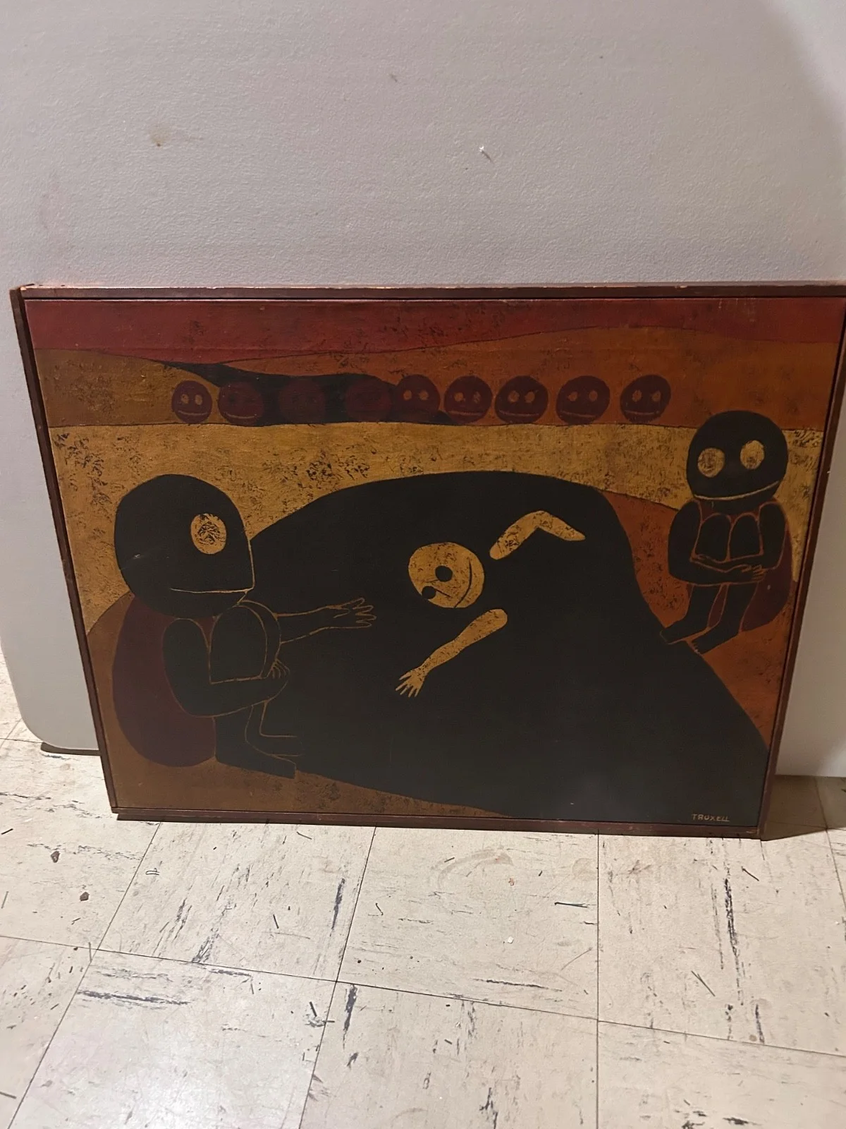 Truxell — Vintage abstract signed painting by Truxell, large framed folk art, image 2