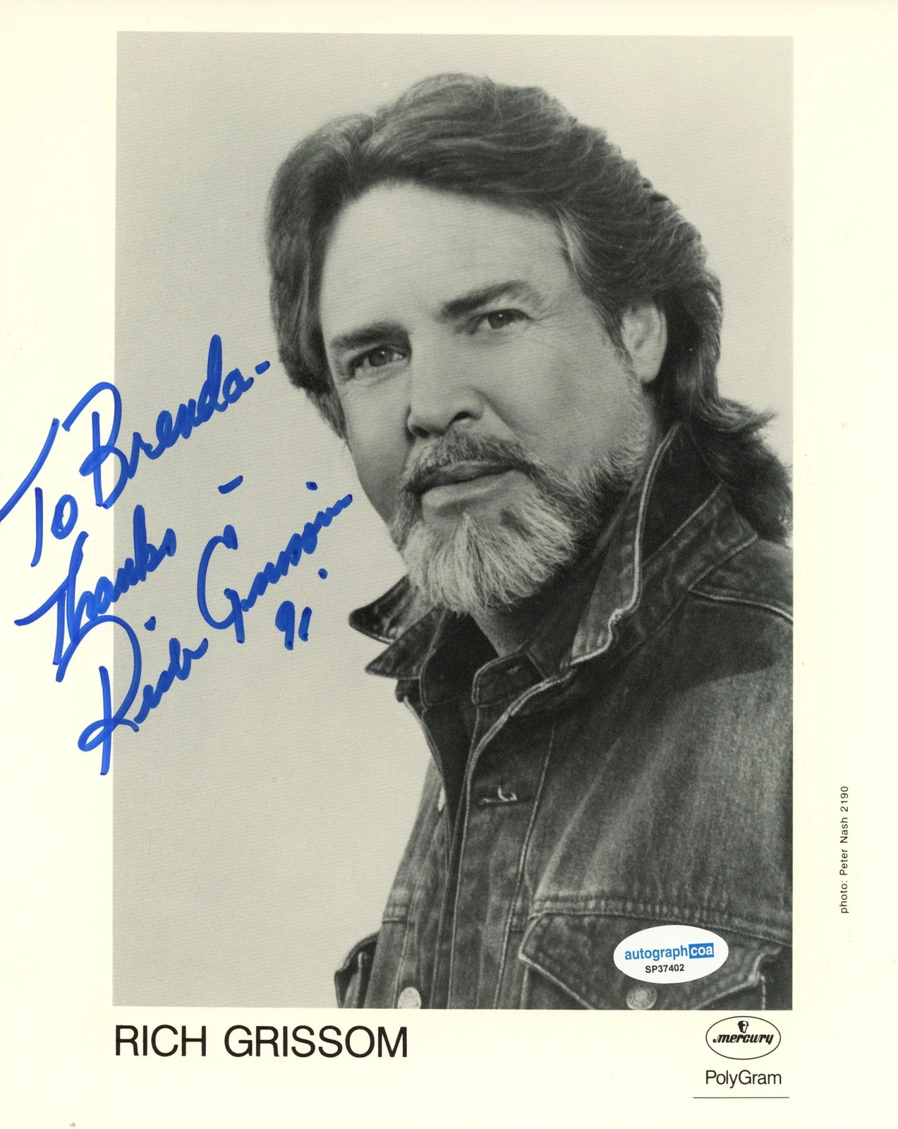 Rich Grissom — Rich Grissom "Have You Seen Me Lately" Singer SIGNED 8x10 Photo 'To Brenda' ACOA, изображение 2