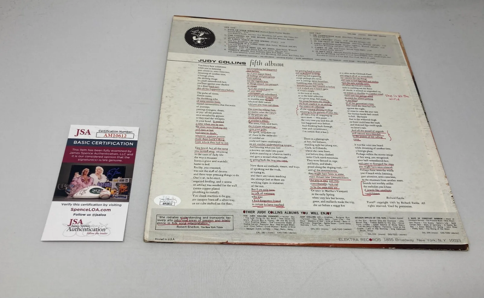 Judy Collins signed Fifth Album JSA COA, image 2