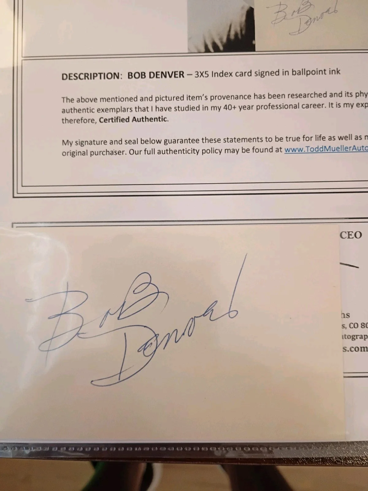 Bob Denver — BOB DENVER Signed Autographed 3x5 Index Card..GILLIGAN’S ISLAND Star (d.2005 COA, image 2