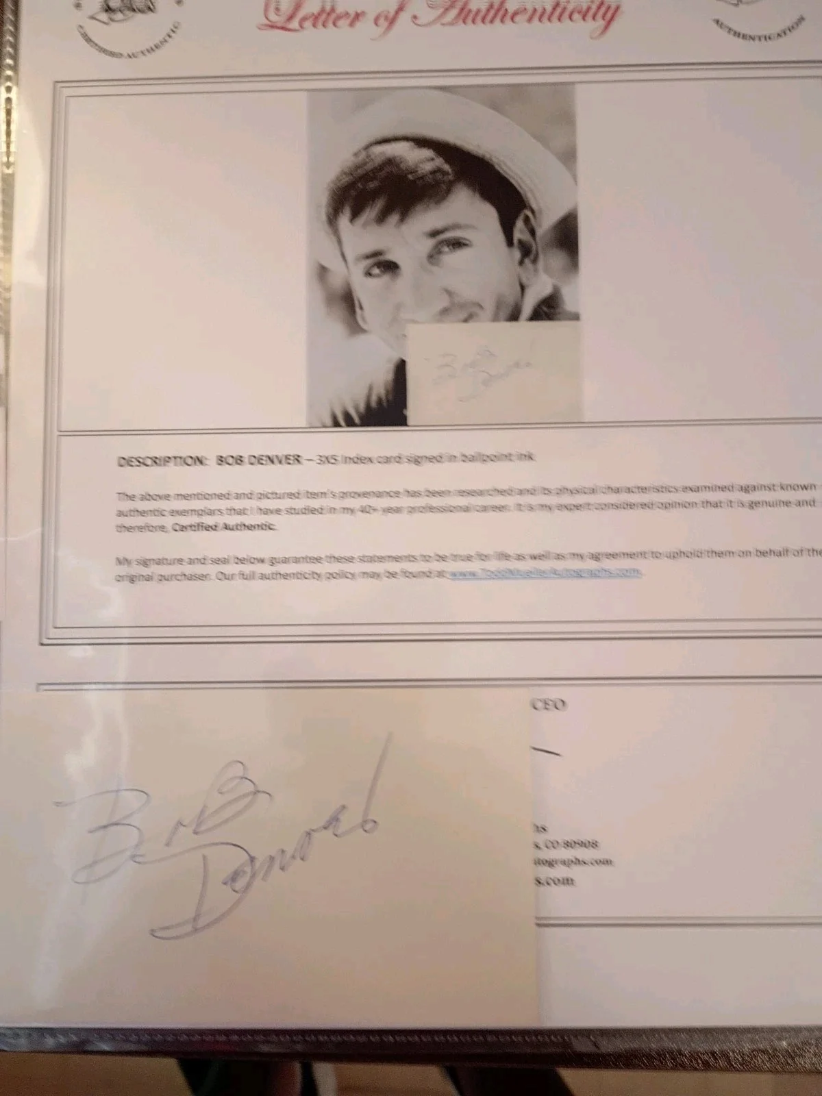 Bob Denver — BOB DENVER Signed Autographed 3x5 Index Card..GILLIGAN’S ISLAND Star (d.2005 COA, image 3