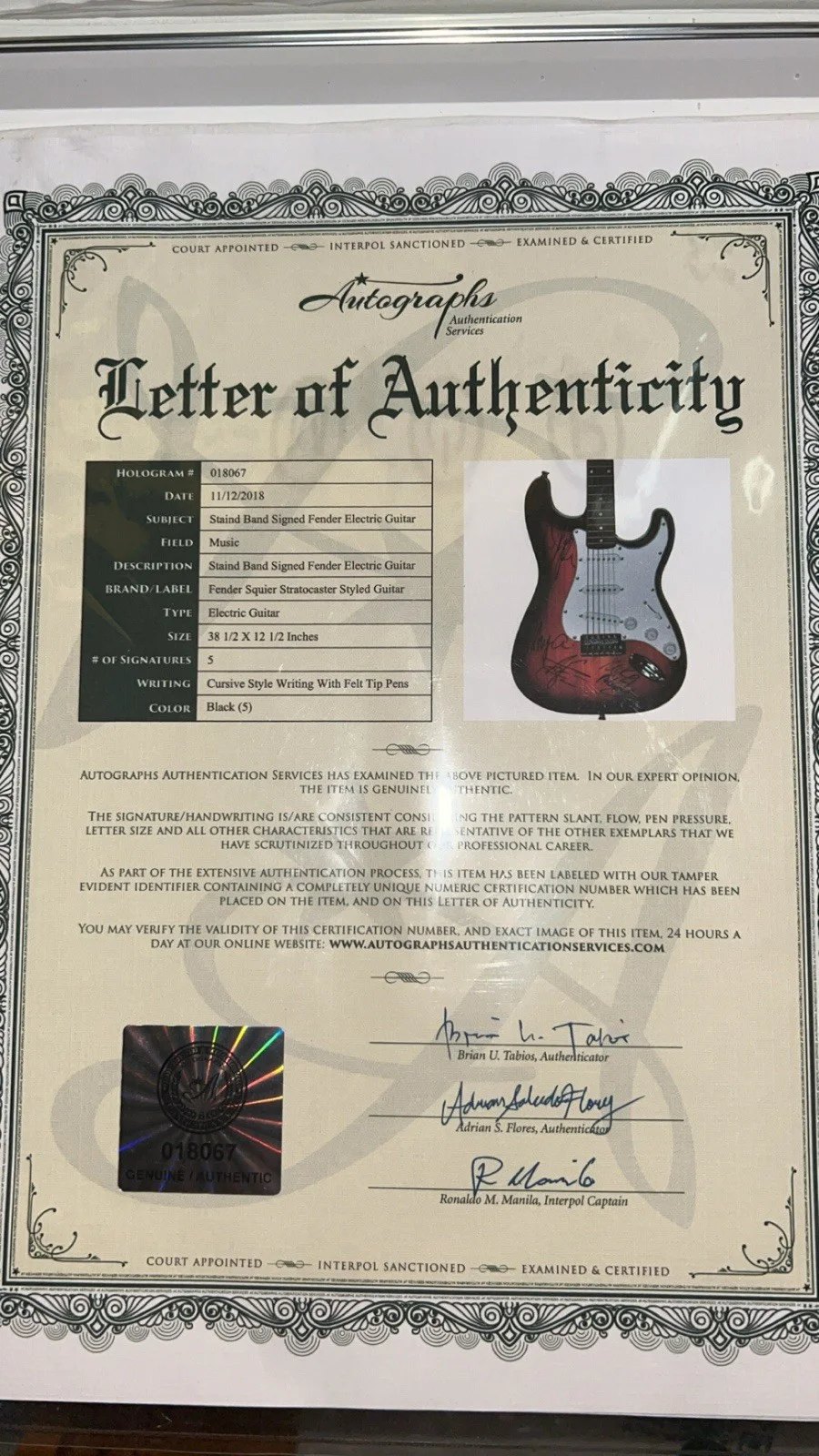 Fender Stratocaster Signed by Staind with Certificate of Authenticity, image 3