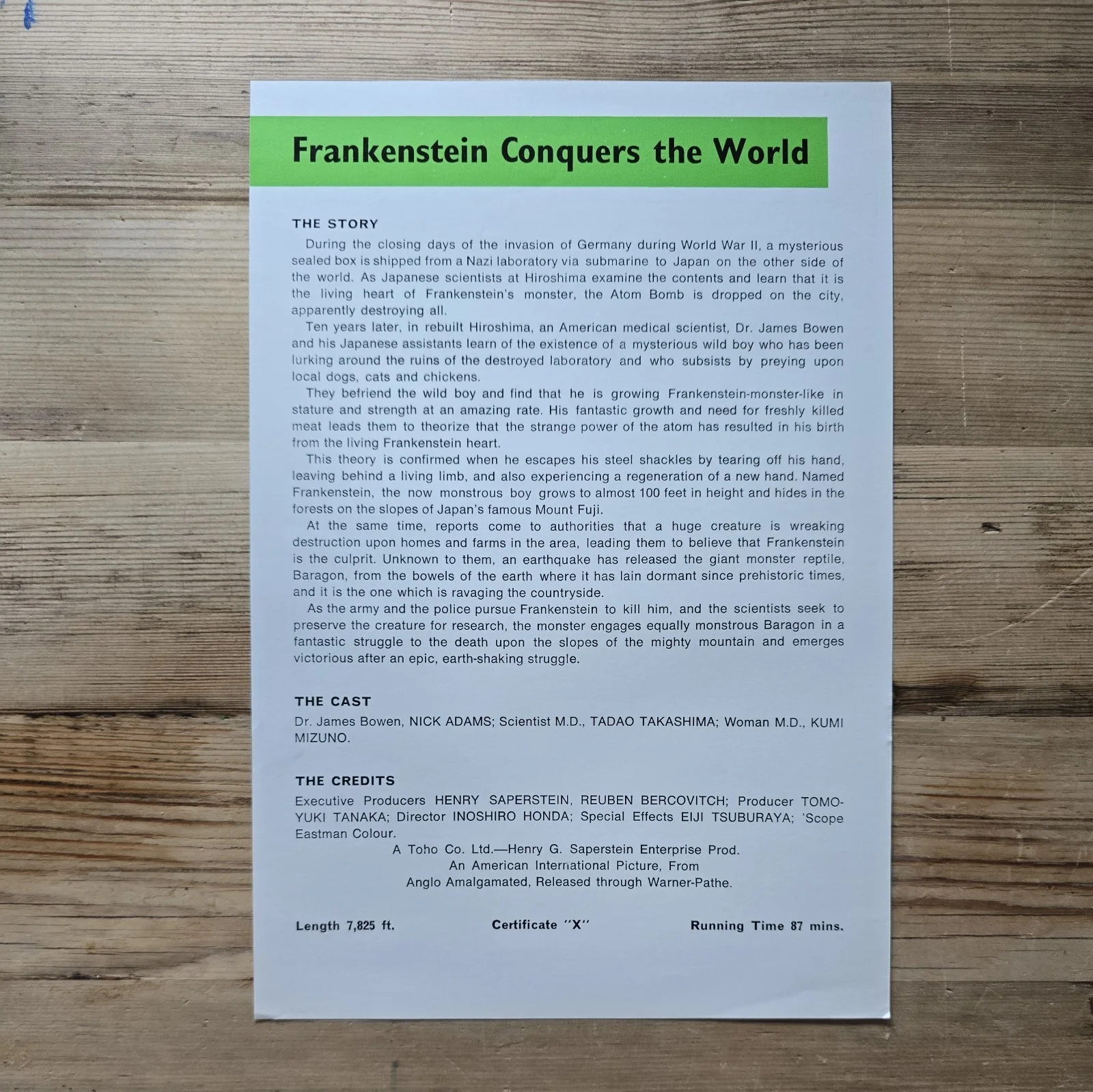 FRANKENSTEIN CONQUERS THE WORLD press sheet 1969 Inoshiro Honda Tadao Takashima, image 2